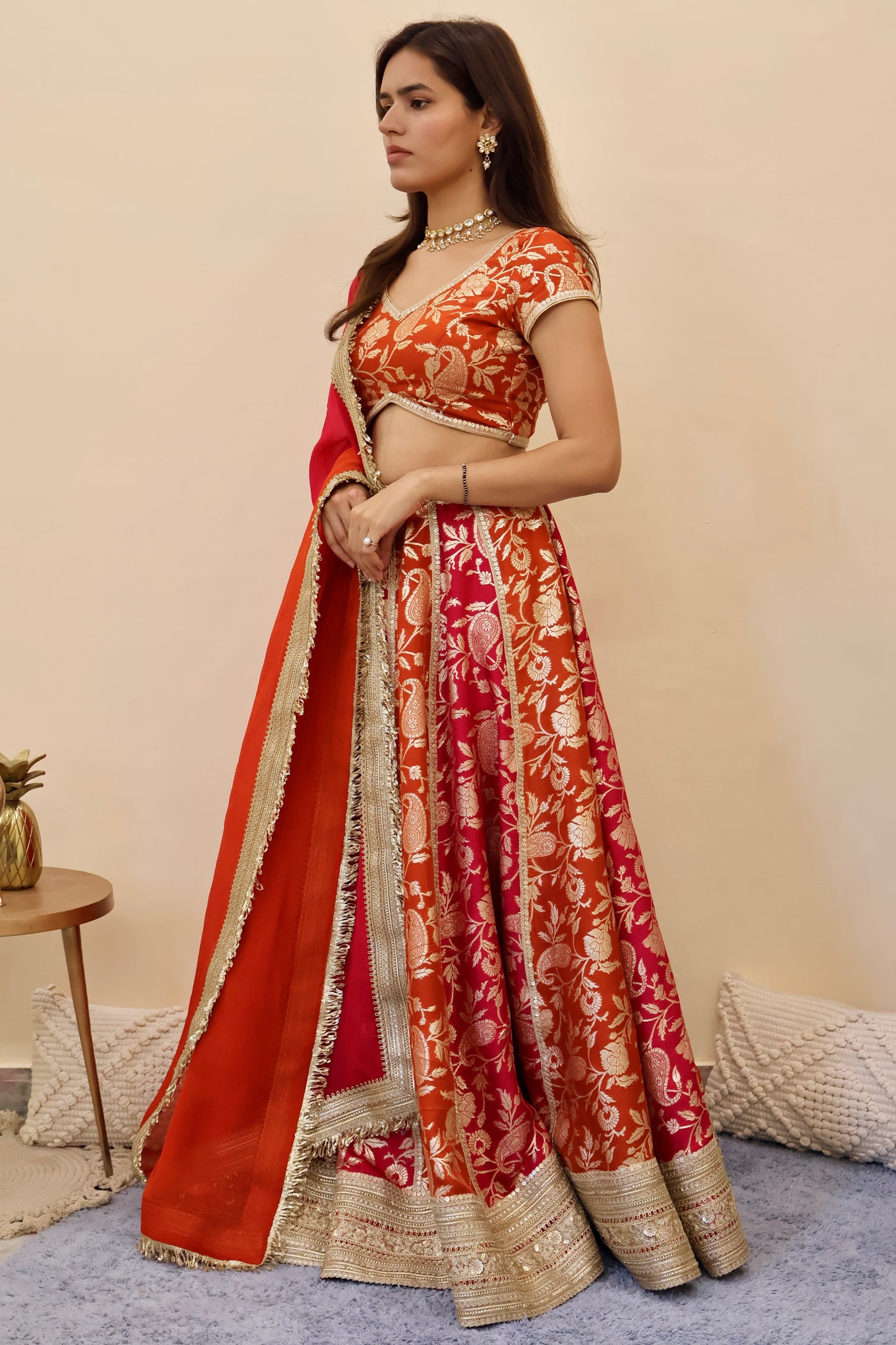 Burnt Orange & Pink Banarasi Lehenga Set