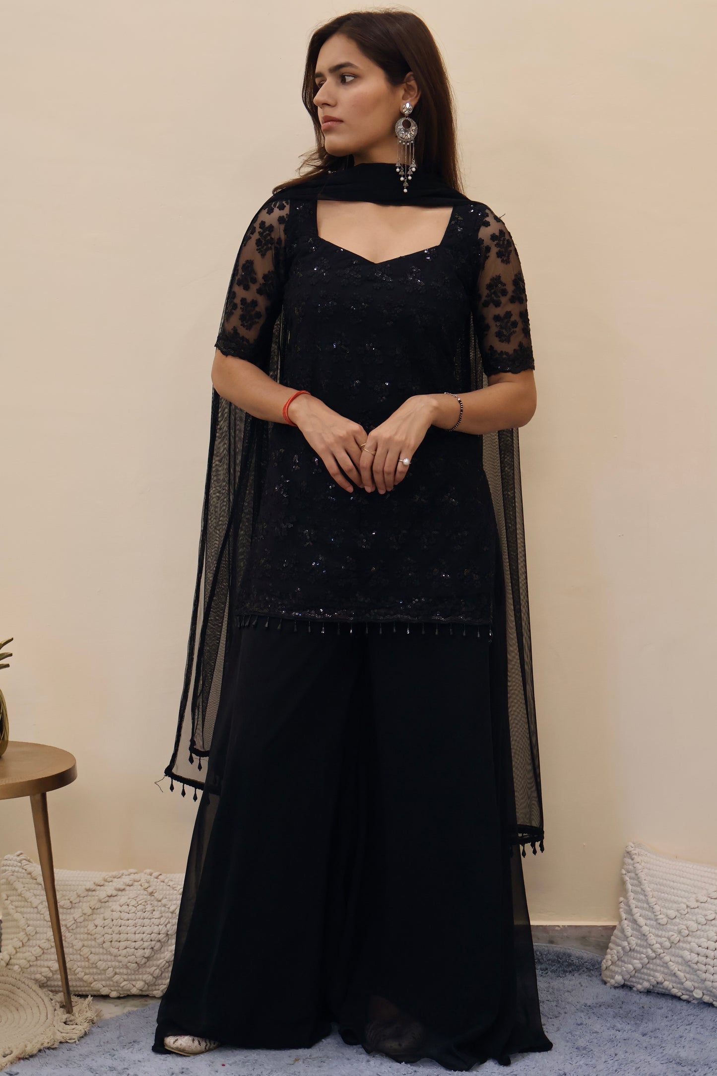 Black Net Kurta & Sharara Set