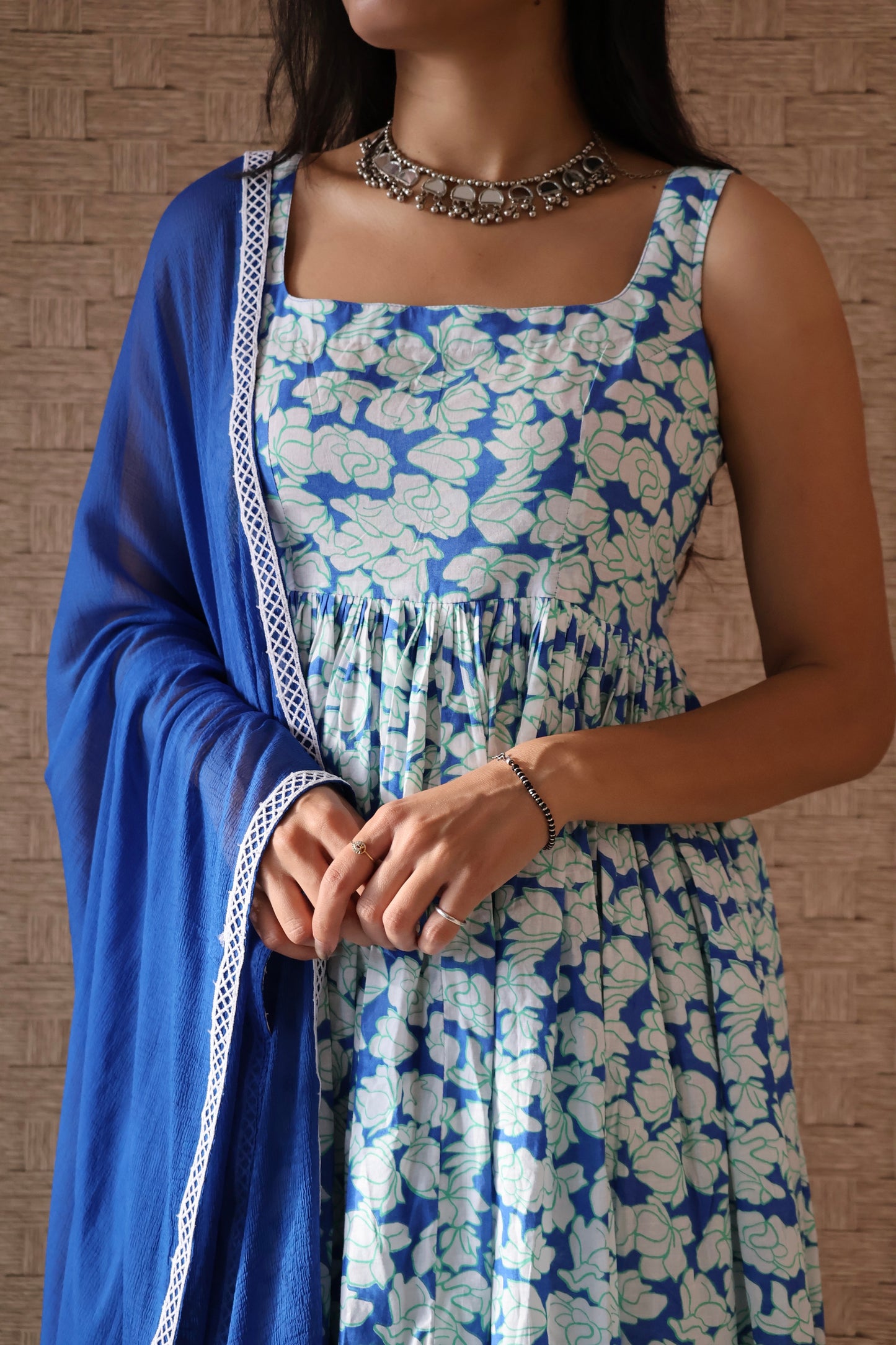 Blue and White Cotton Printed Anarkali Set