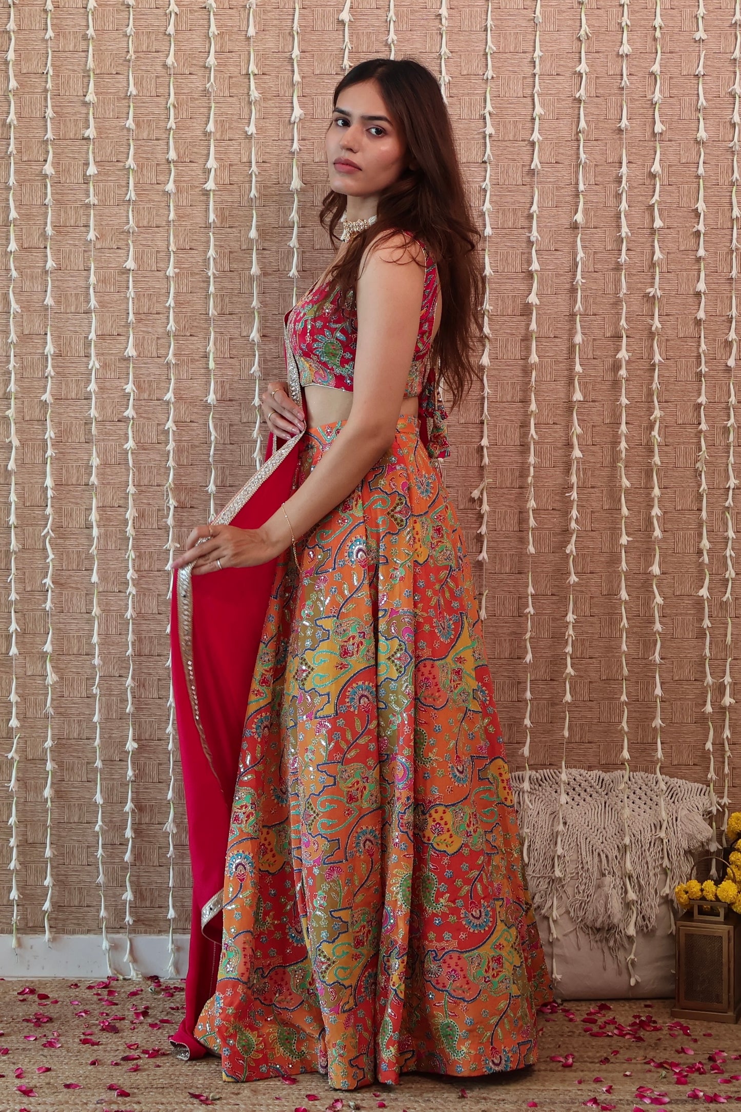 Pink and Orange Embroidered Crepe Lehenga Set