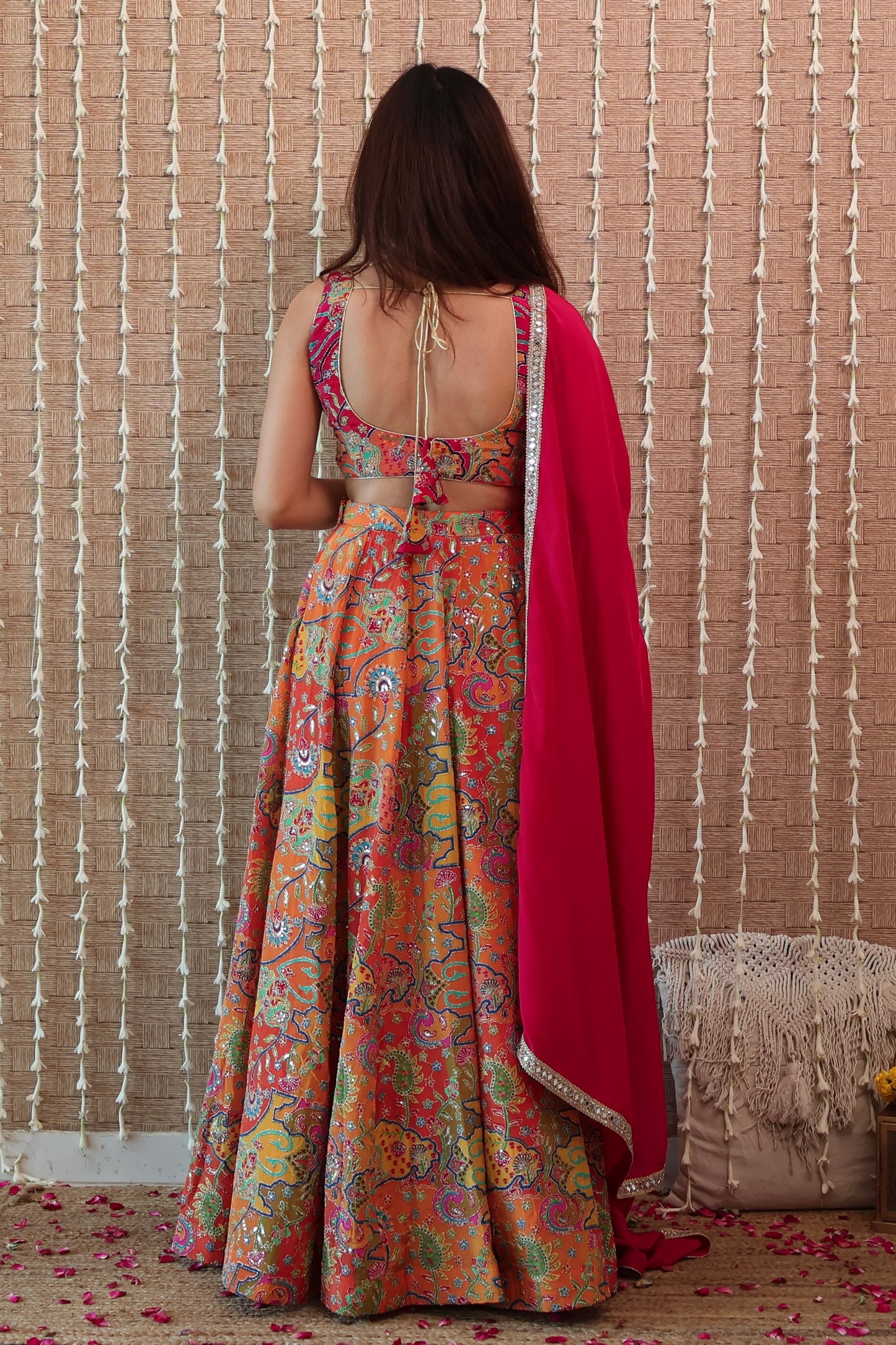 Pink and Orange Embroidered Crepe Lehenga Set