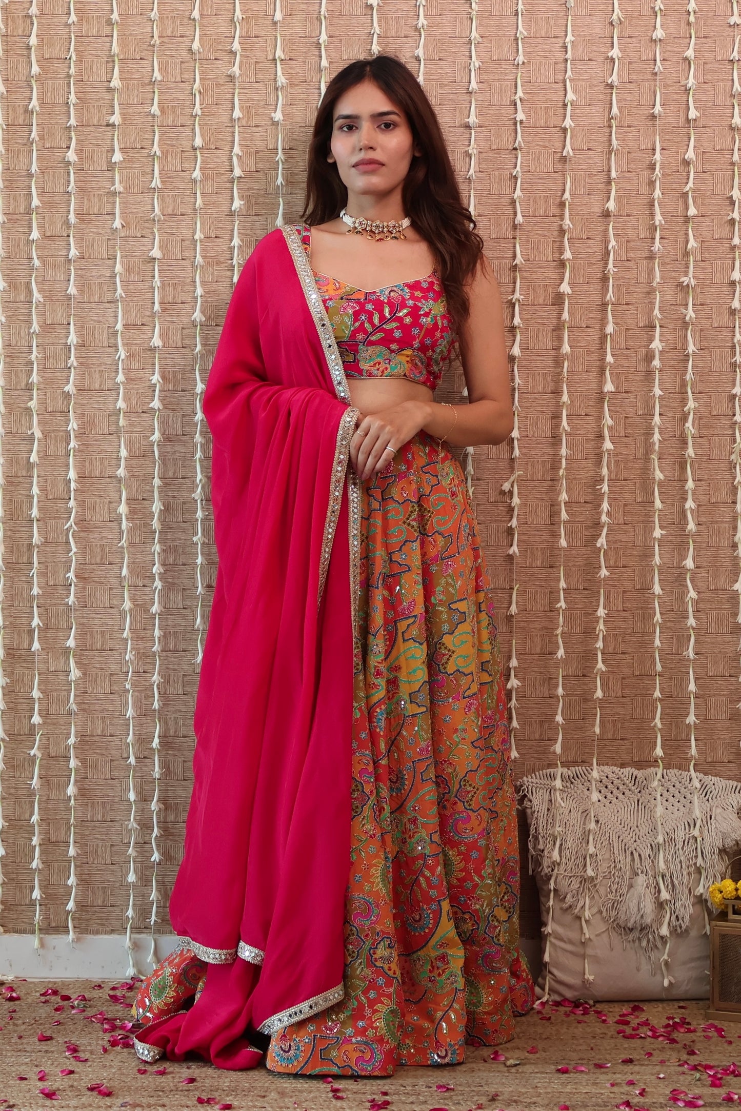 Pink and Orange Embroidered Crepe Lehenga Set