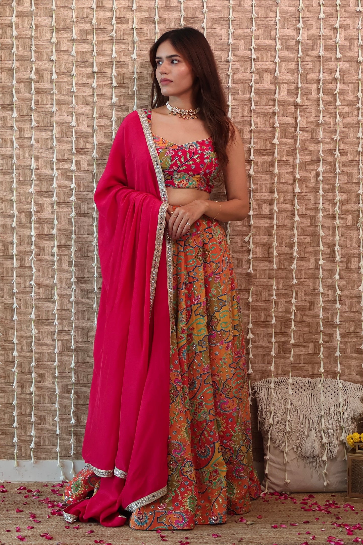 Pink and Orange Embroidered Crepe Lehenga Set