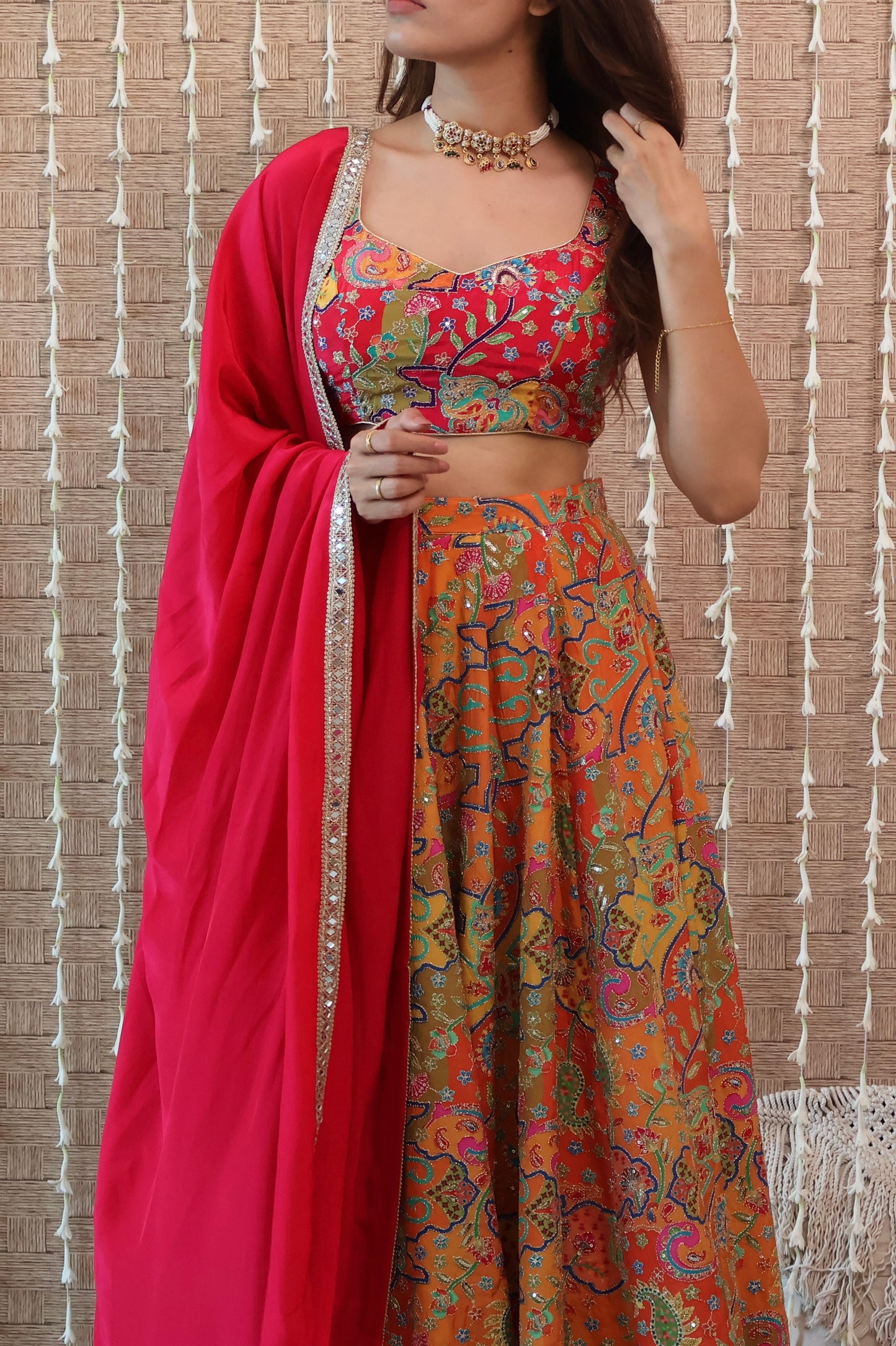 Pink and Orange Embroidered Crepe Lehenga Set