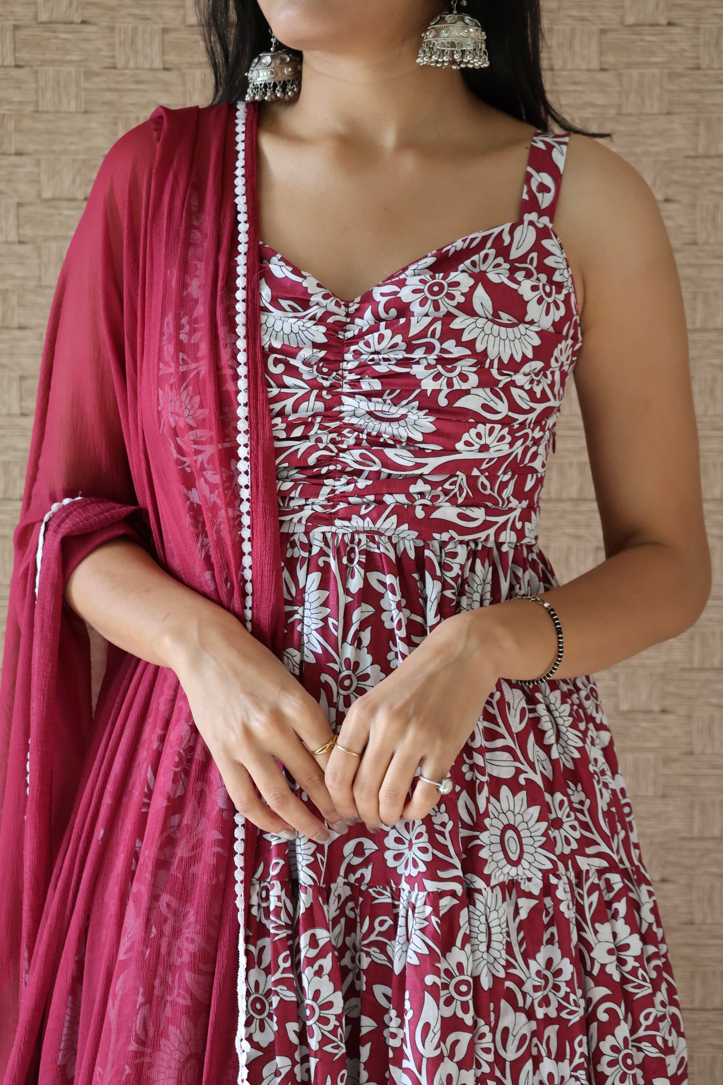 Maroon Cotton Tiered Anarkali Set