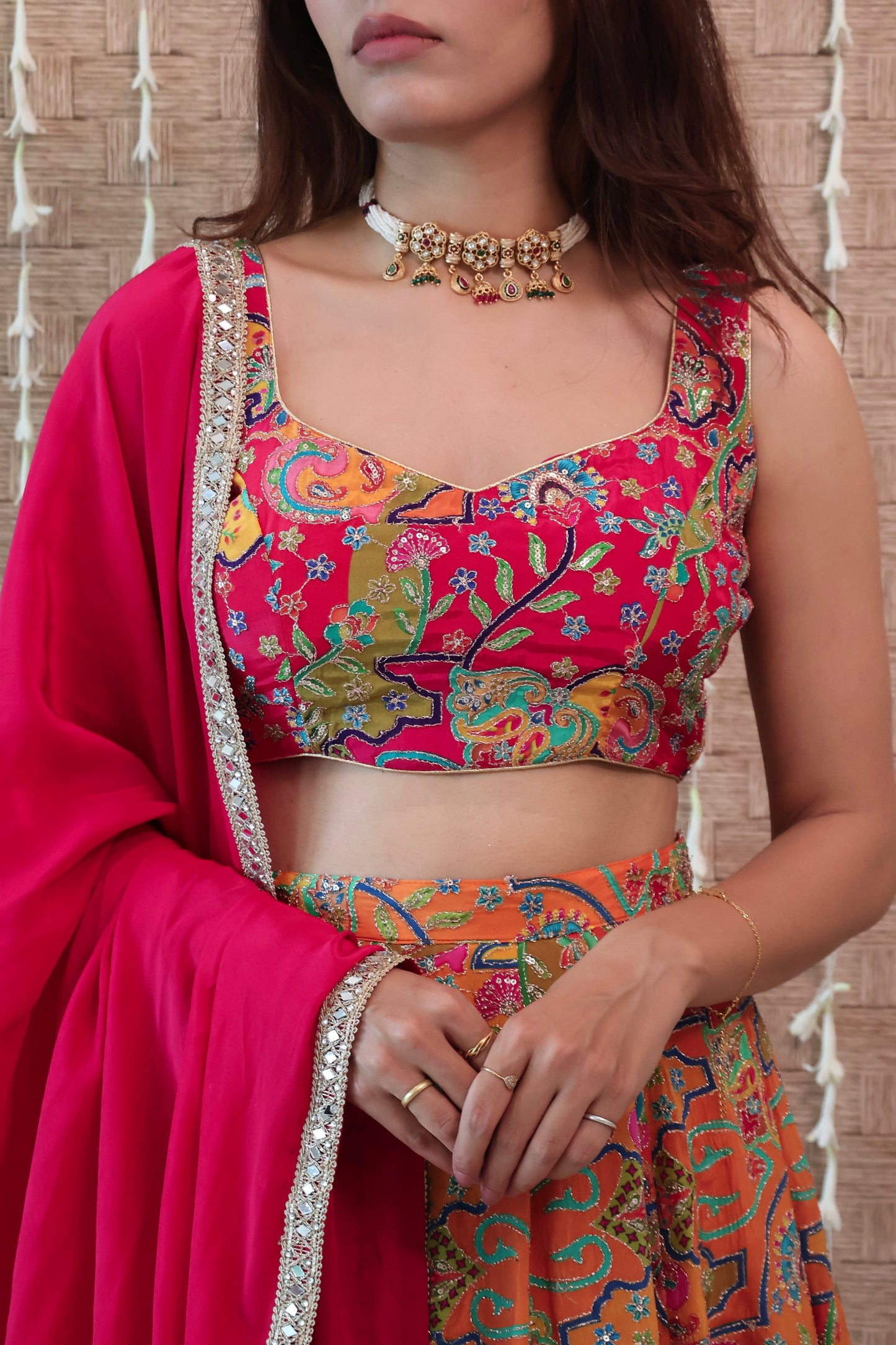 Pink and Orange Embroidered Crepe Lehenga Set