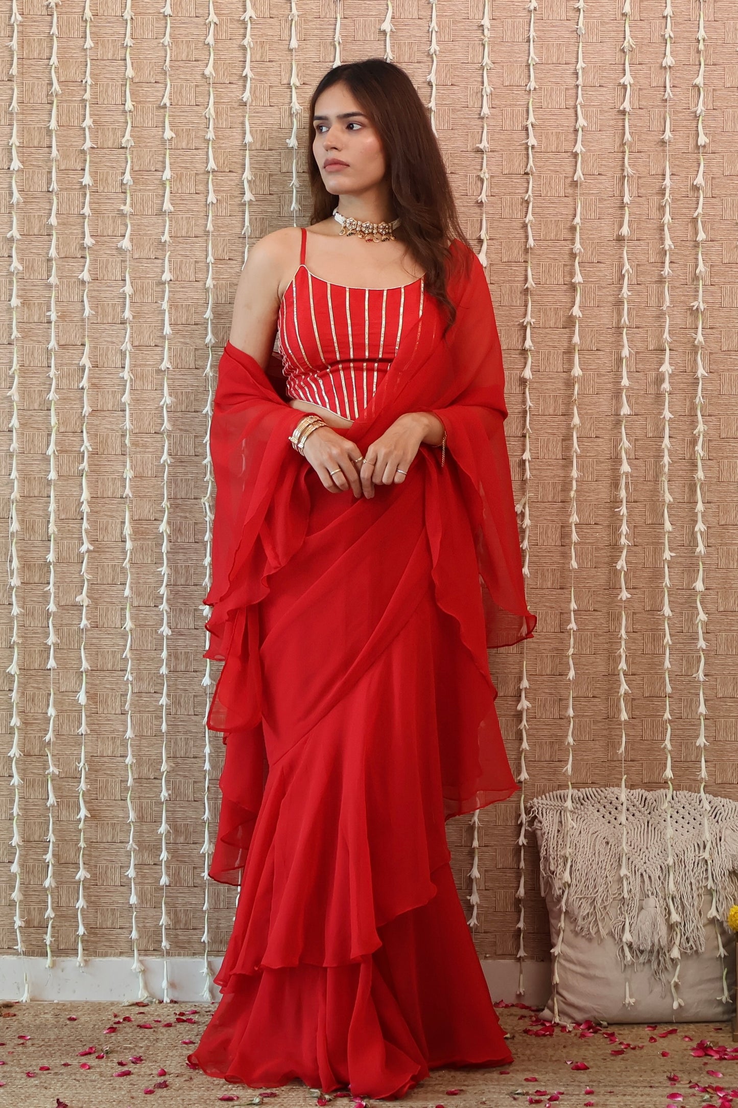 Red Georgette Ruffle Saree