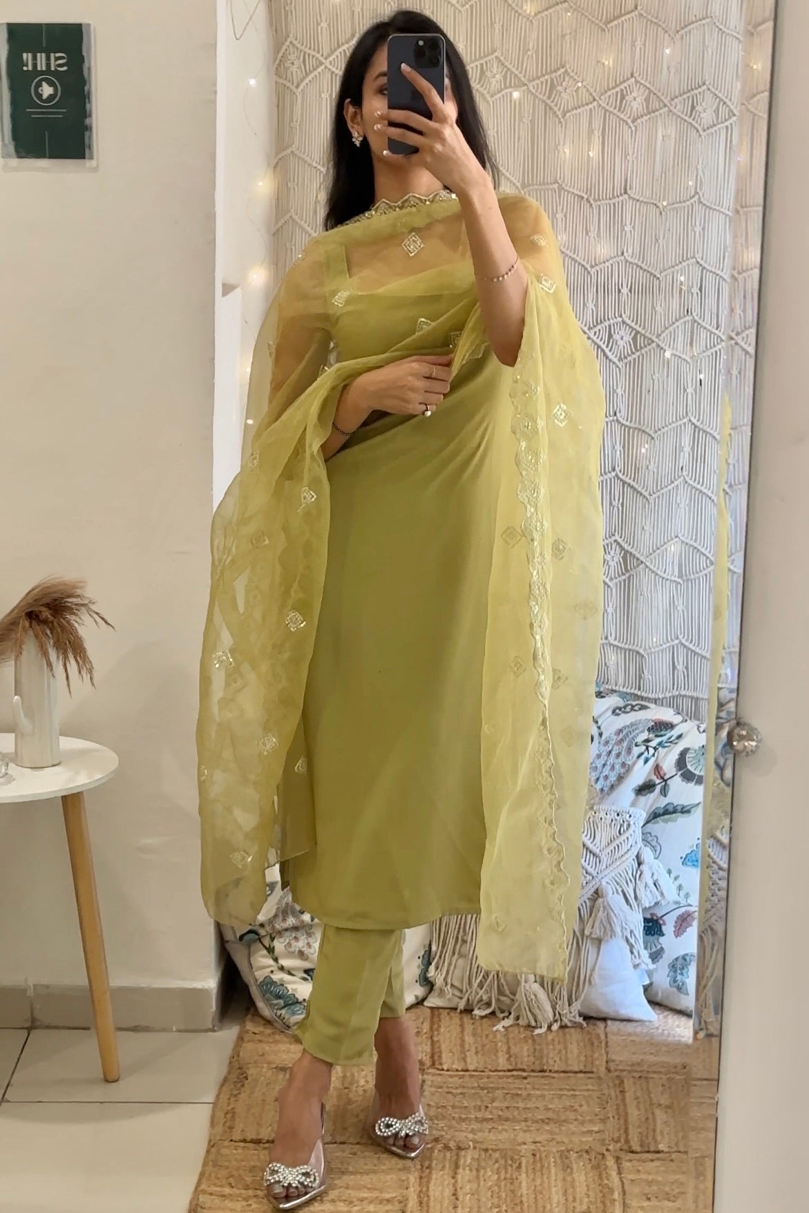 Olive Green Crepe Kurta Set