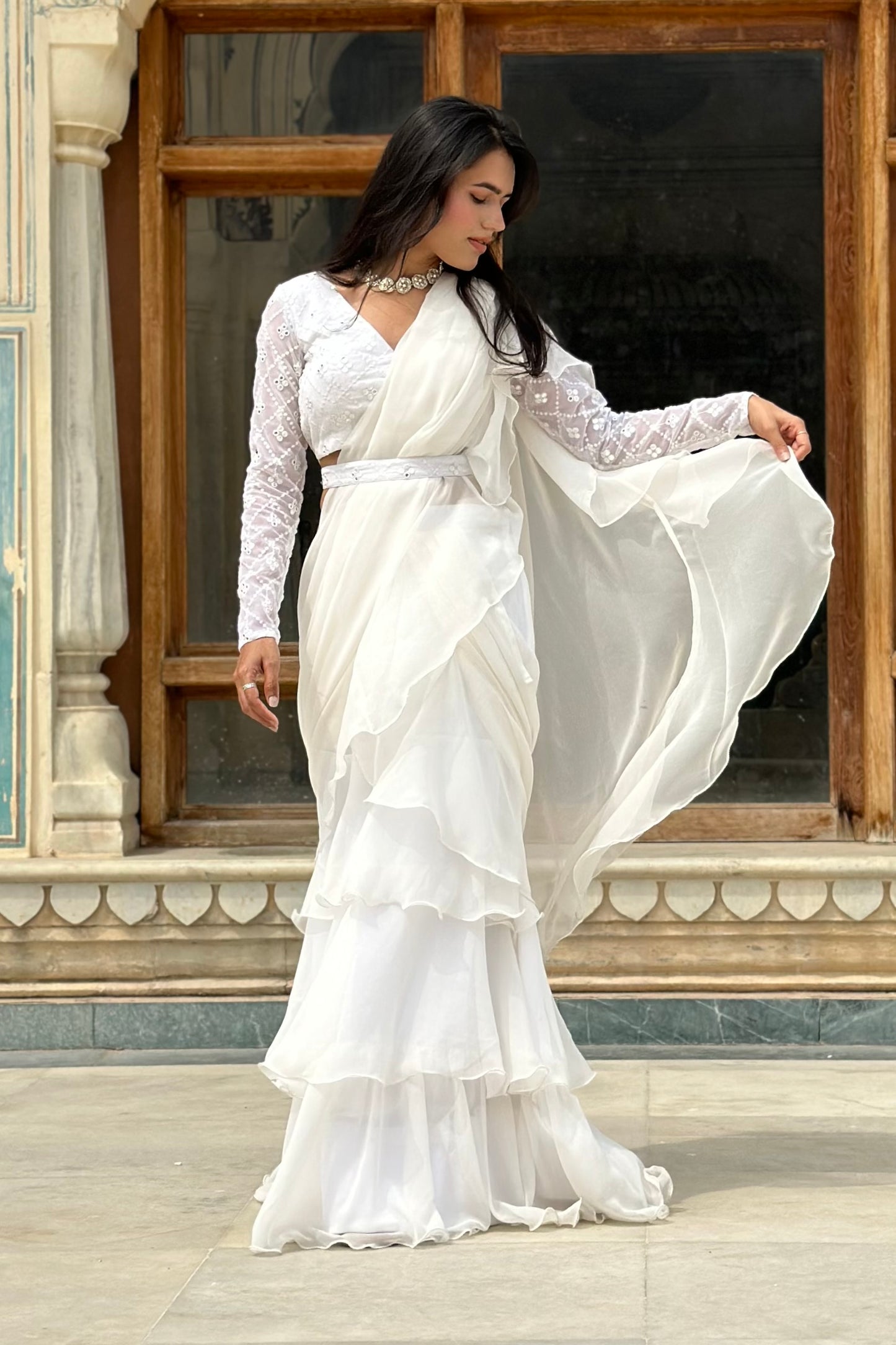 Off White Georgette Ruffle Saree With Embroidered Blouse