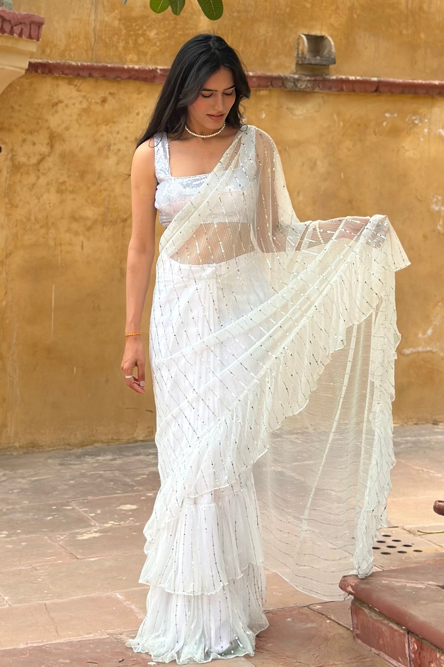 White Sequins Ruffle Saree