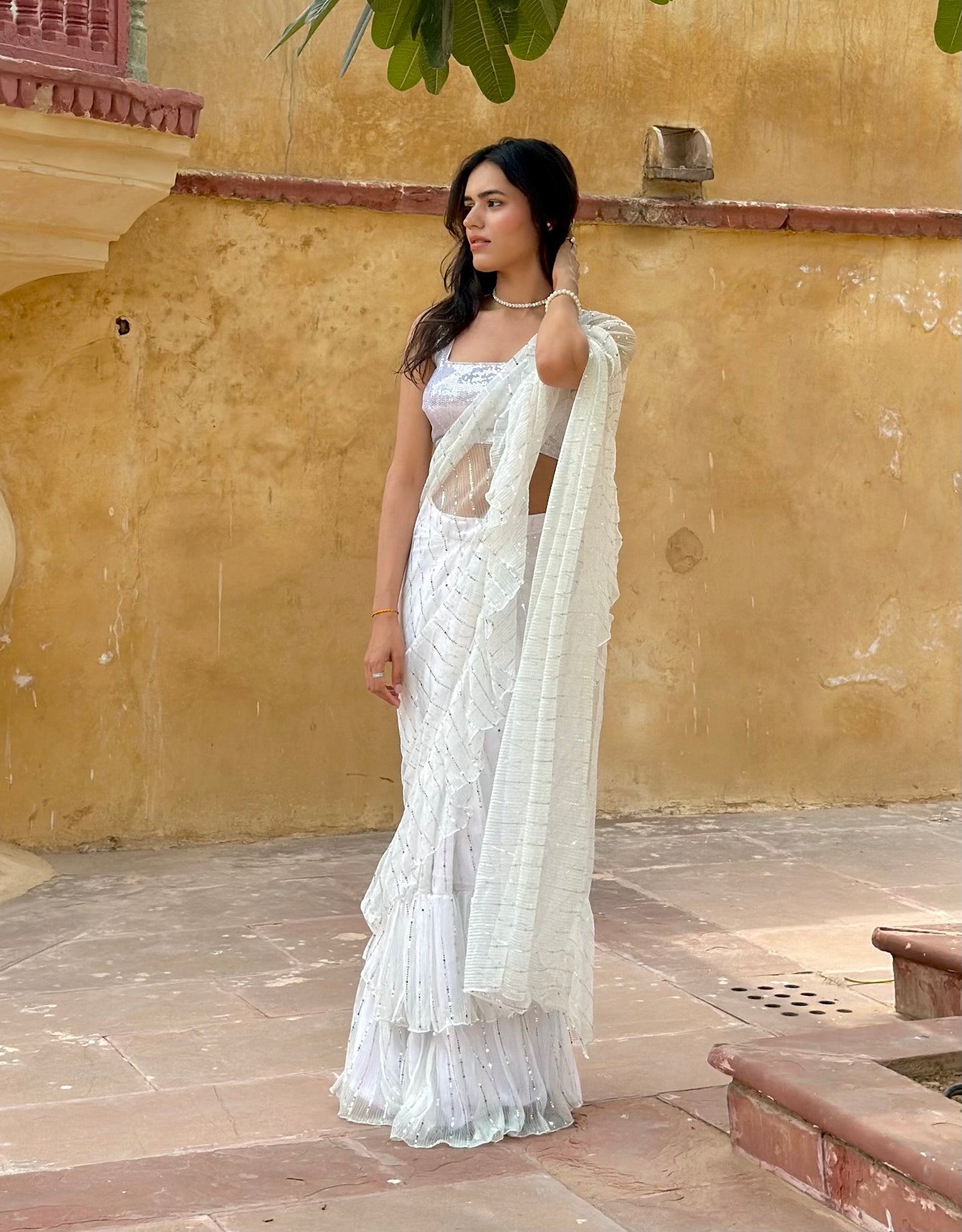 White Sequins Ruffle Saree