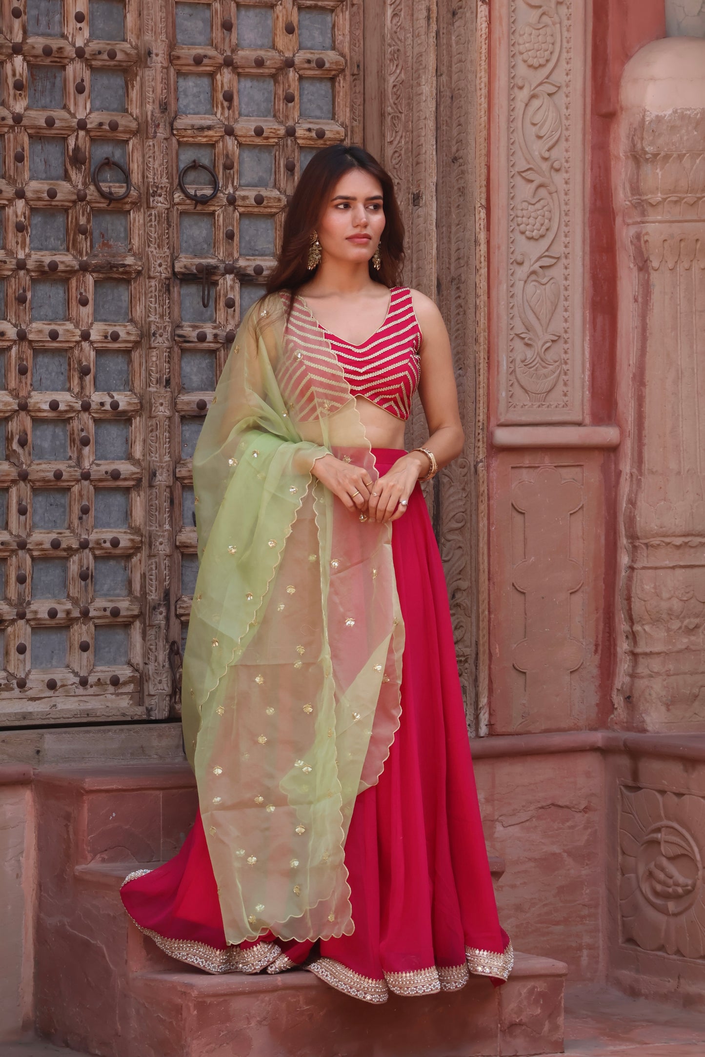 Pink Georgette Lehenga Set with Green Dupatta
