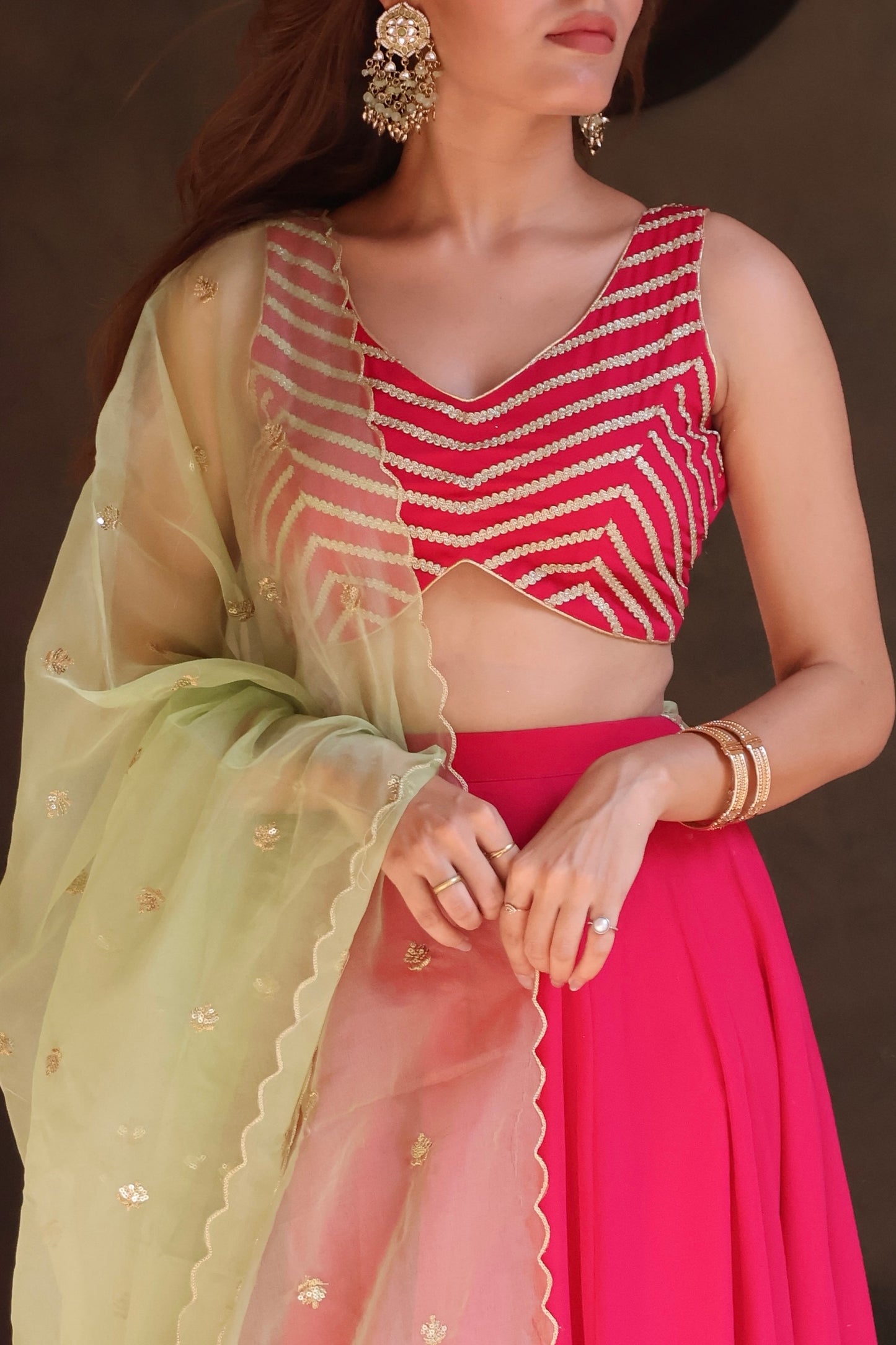 Pink Georgette Lehenga Set with Green Dupatta