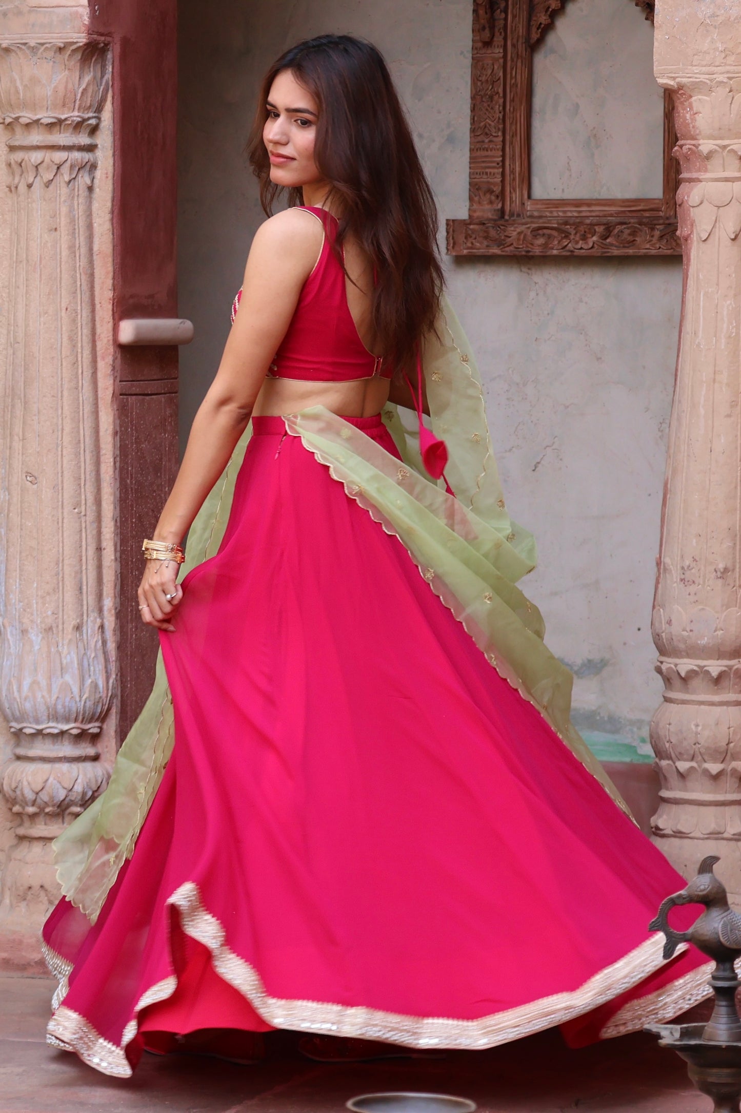 Pink Georgette Lehenga Set with Green Dupatta