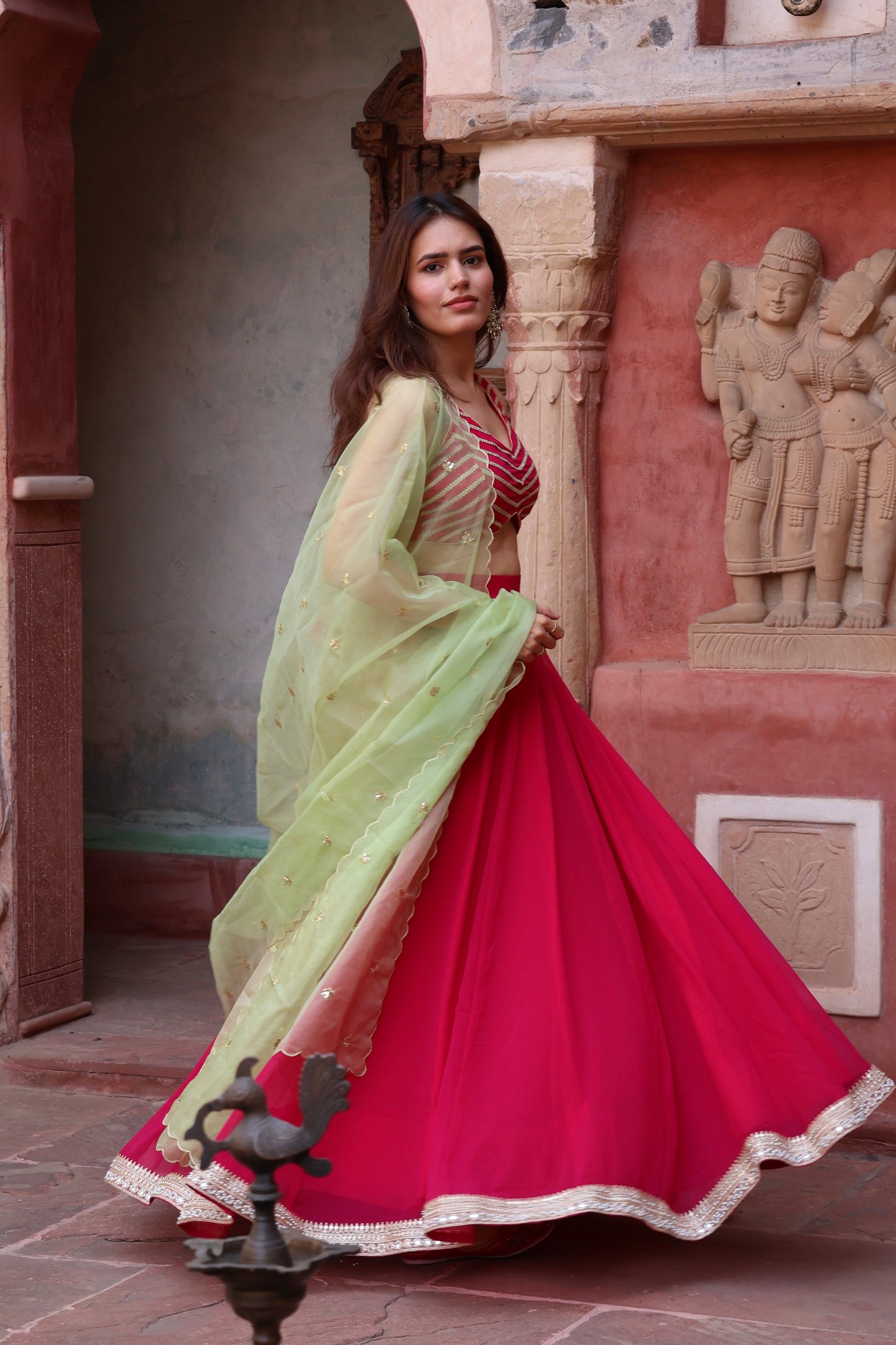 Pink Georgette Lehenga Set with Green Dupatta