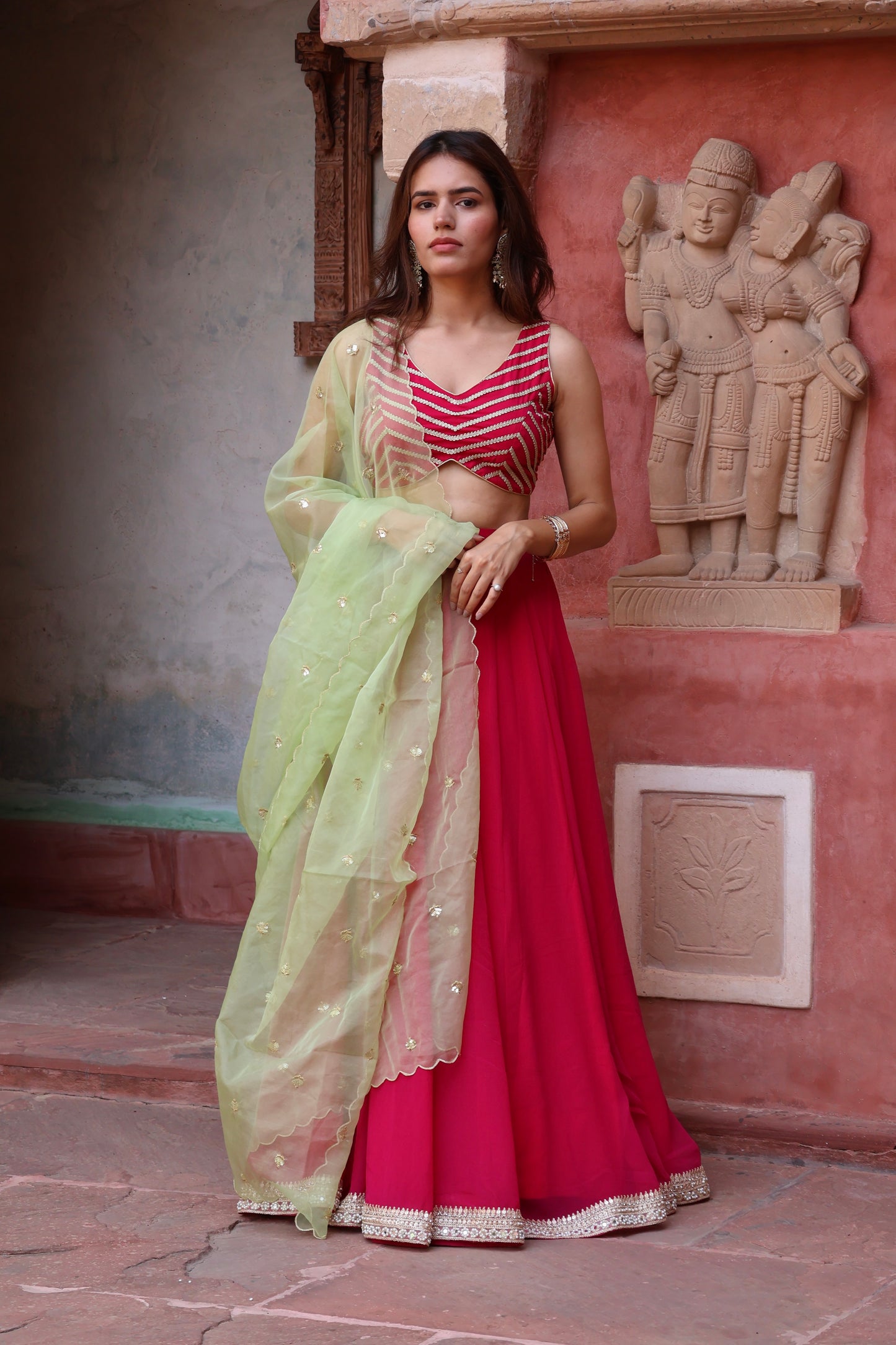 Pink Georgette Lehenga Set with Green Dupatta