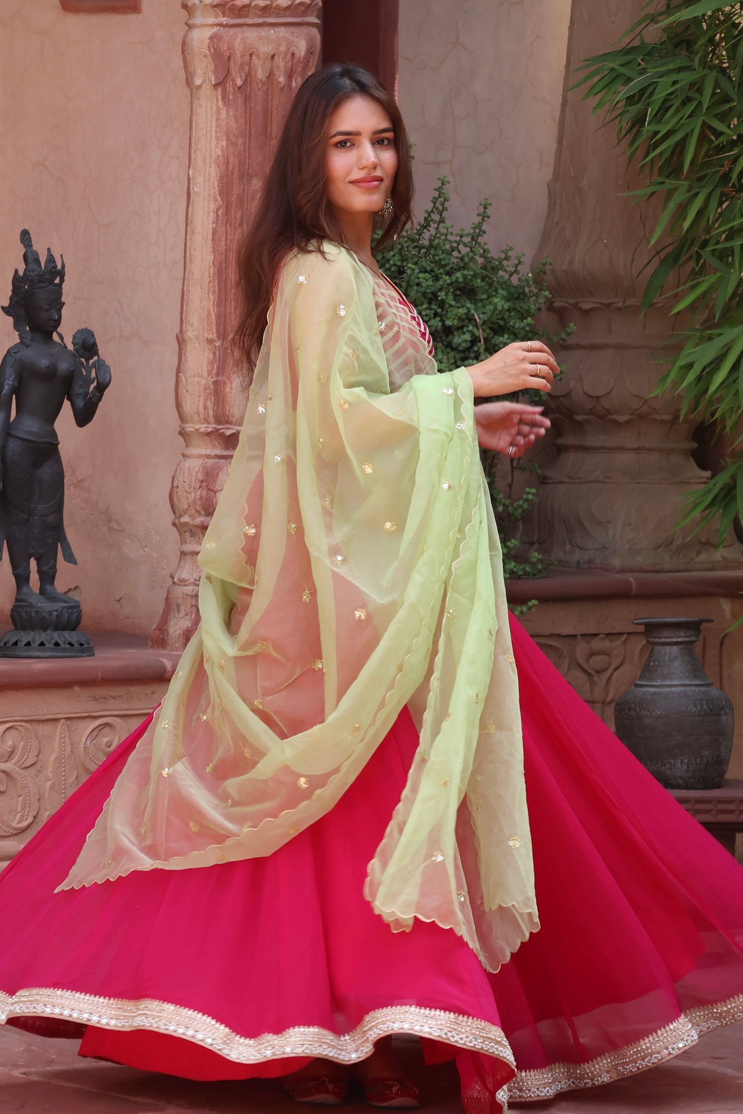 Pink Georgette Lehenga Set with Green Dupatta