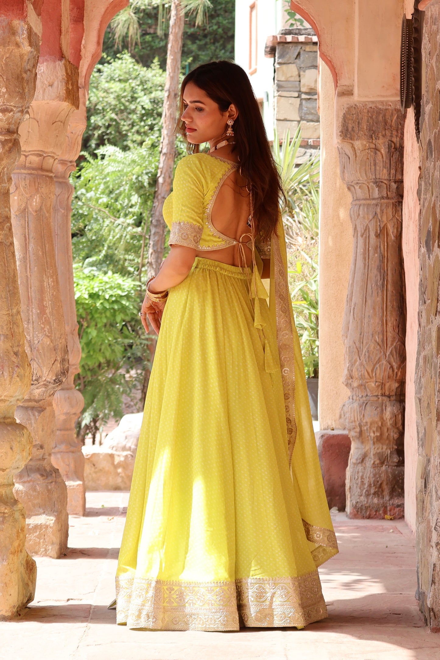 Lime Yellow Bandhani Print Lehenga Set