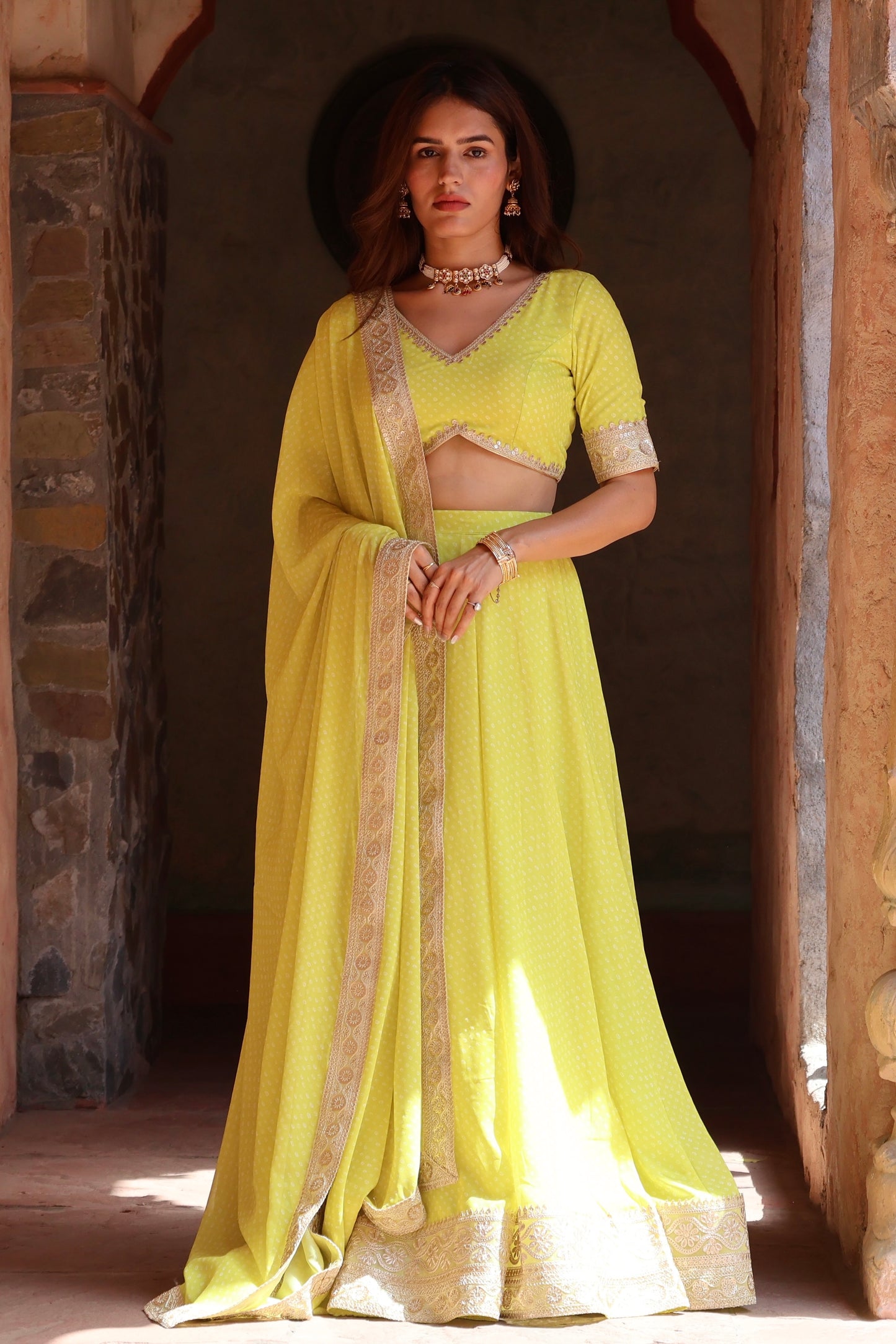 Lime Yellow Bandhani Print Lehenga Set