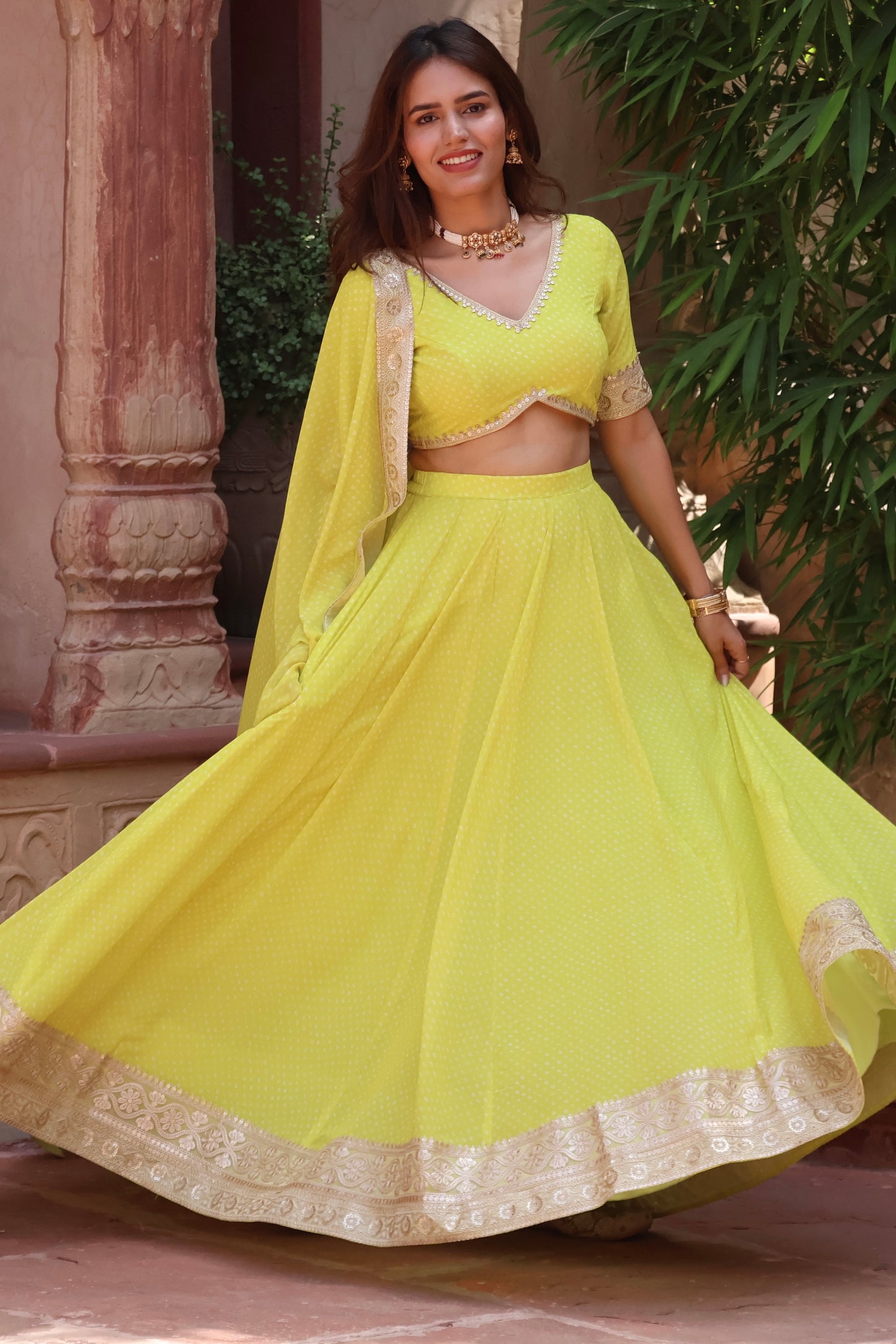Lime Yellow Bandhani Print Lehenga Set