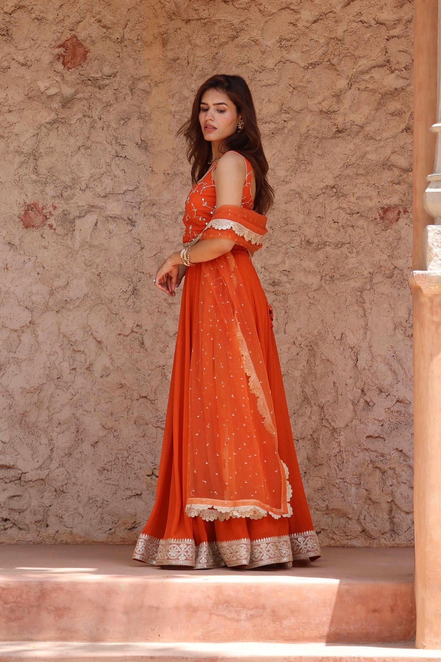 Rust Orange Georgette Embroidered Lehenga Set