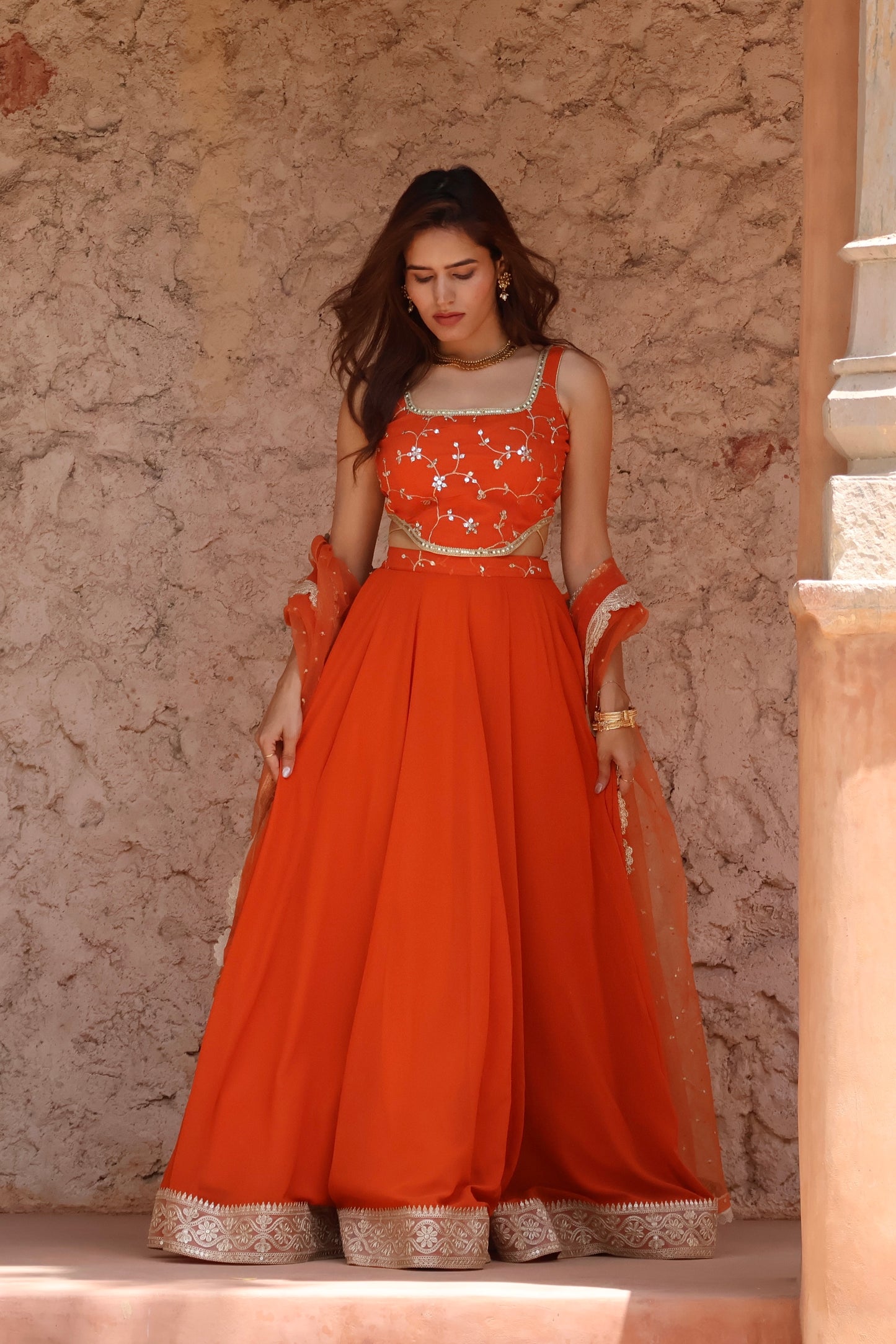 Rust Orange Georgette Embroidered Lehenga Set