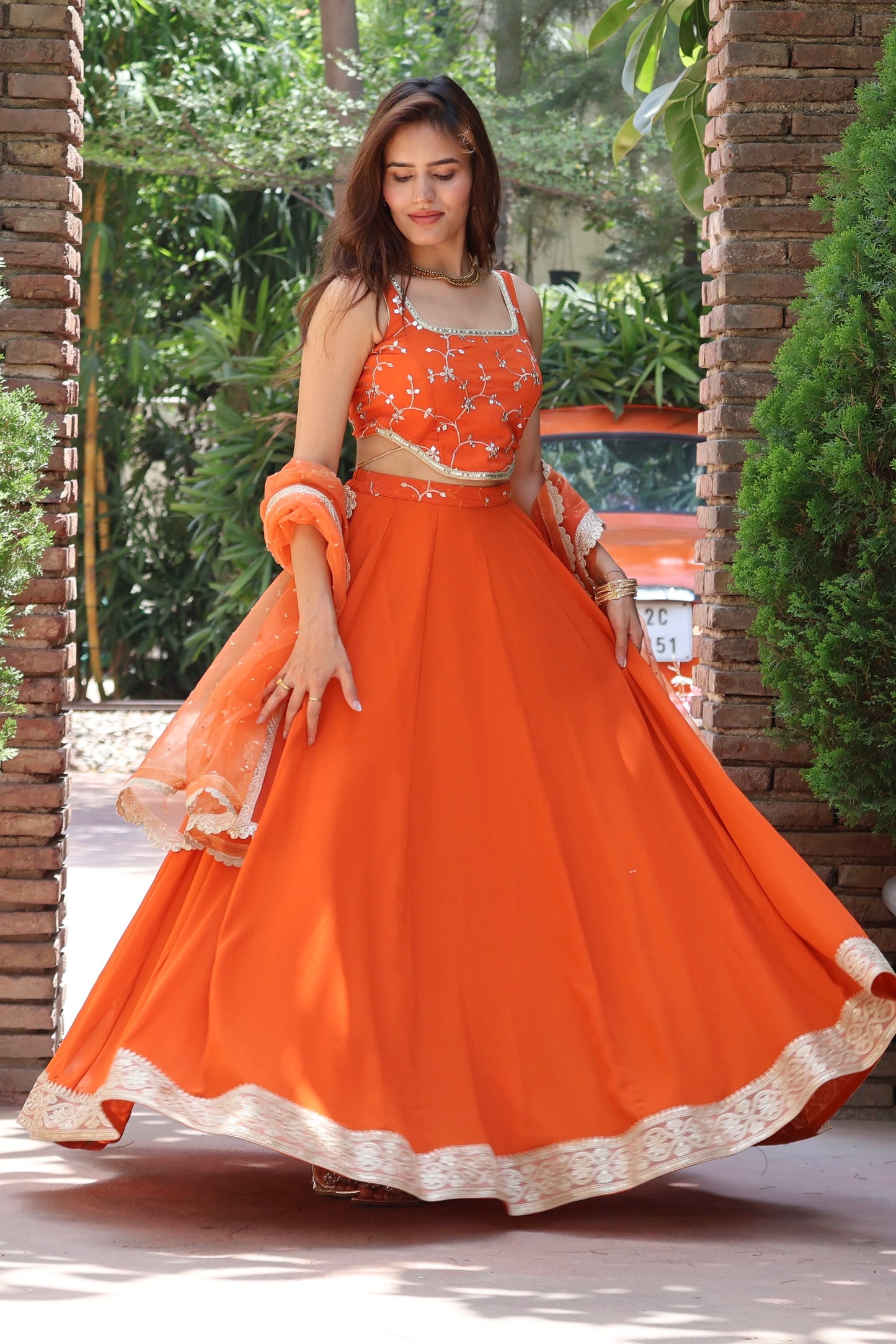 Rust Orange Georgette Embroidered Lehenga Set
