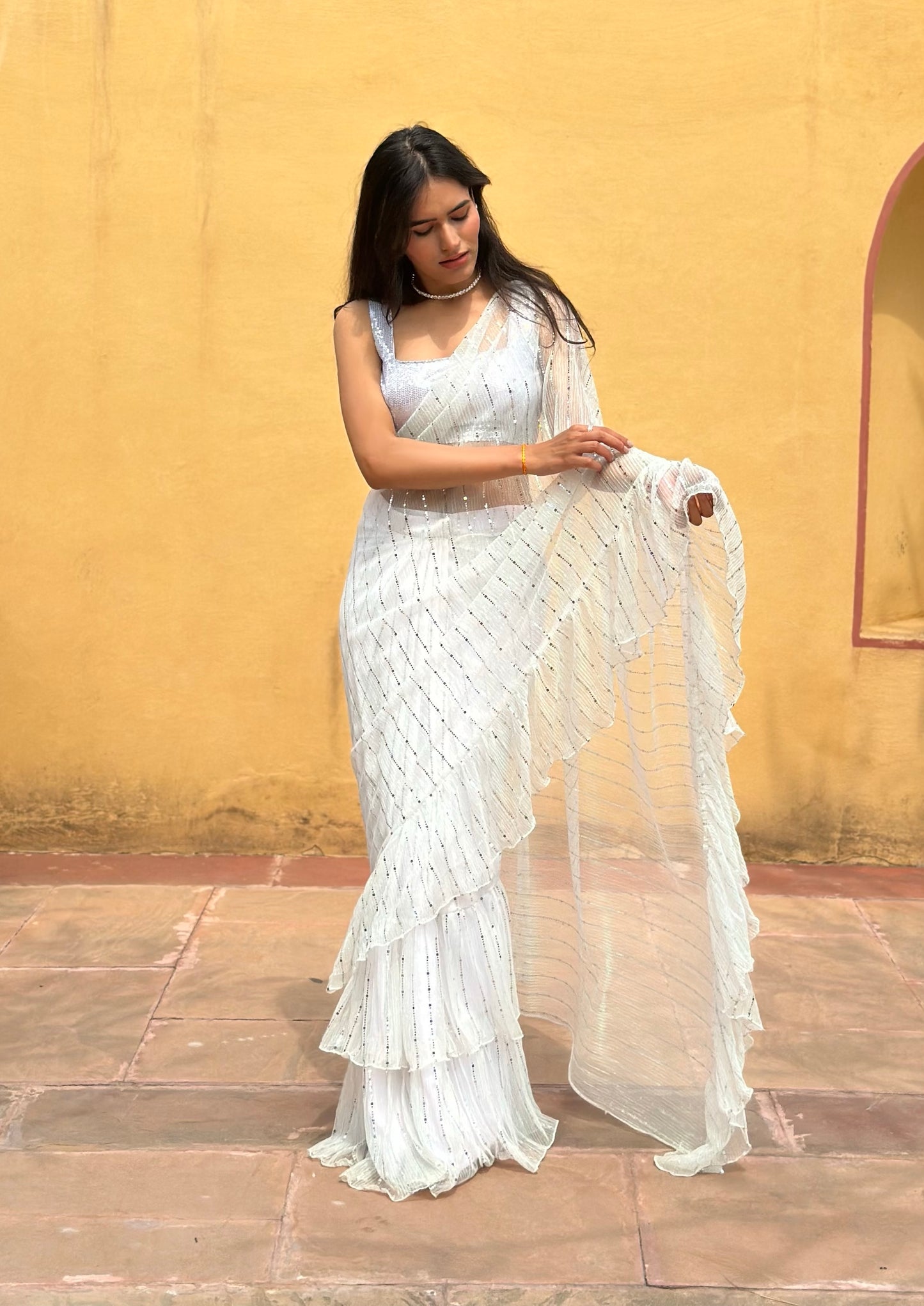White Sequins Ruffle Saree
