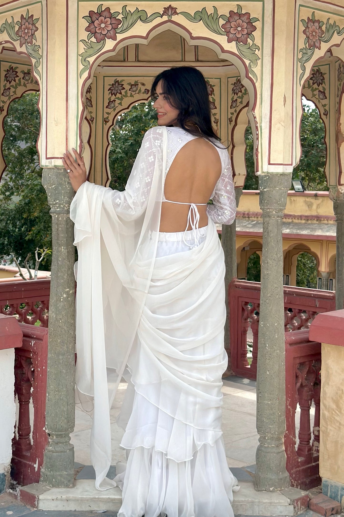 Off White Georgette Ruffle Saree With Embroidered Blouse