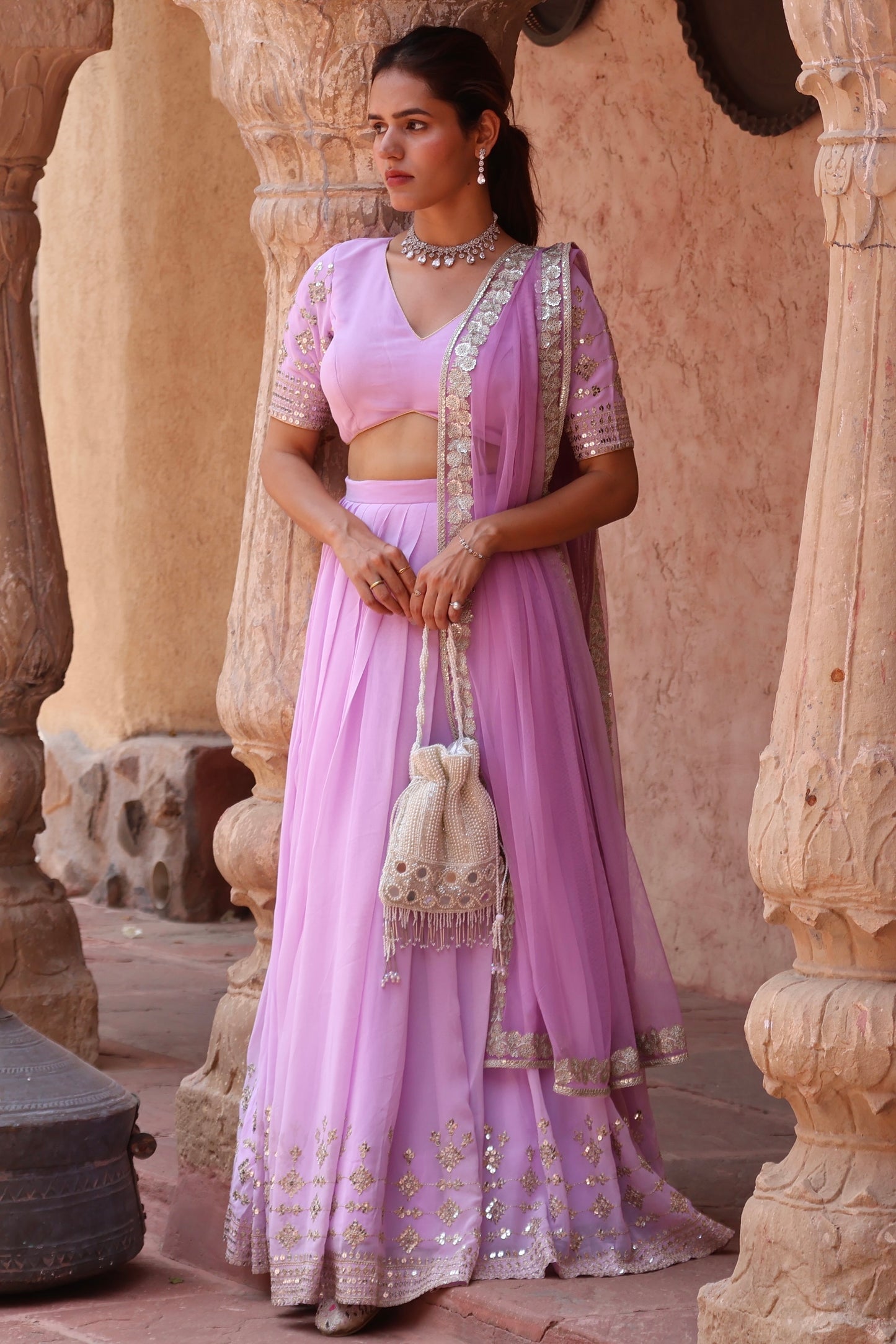 Lavender Georgette Embroidered Lehenga Set