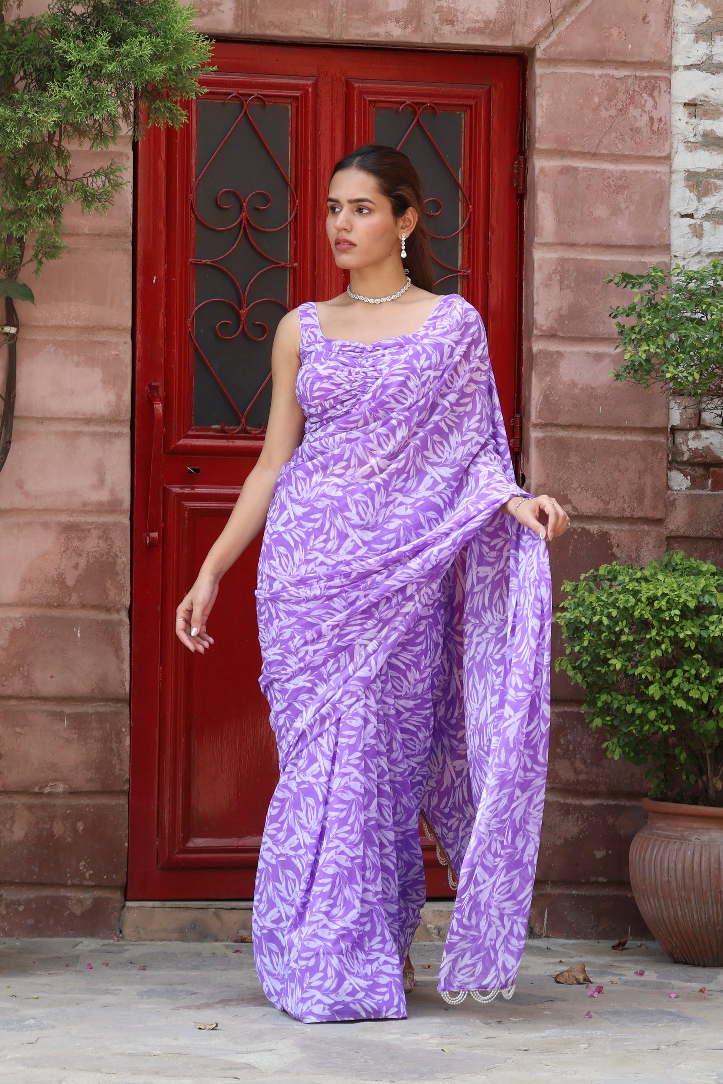 Lavender Georgette Printed Saree