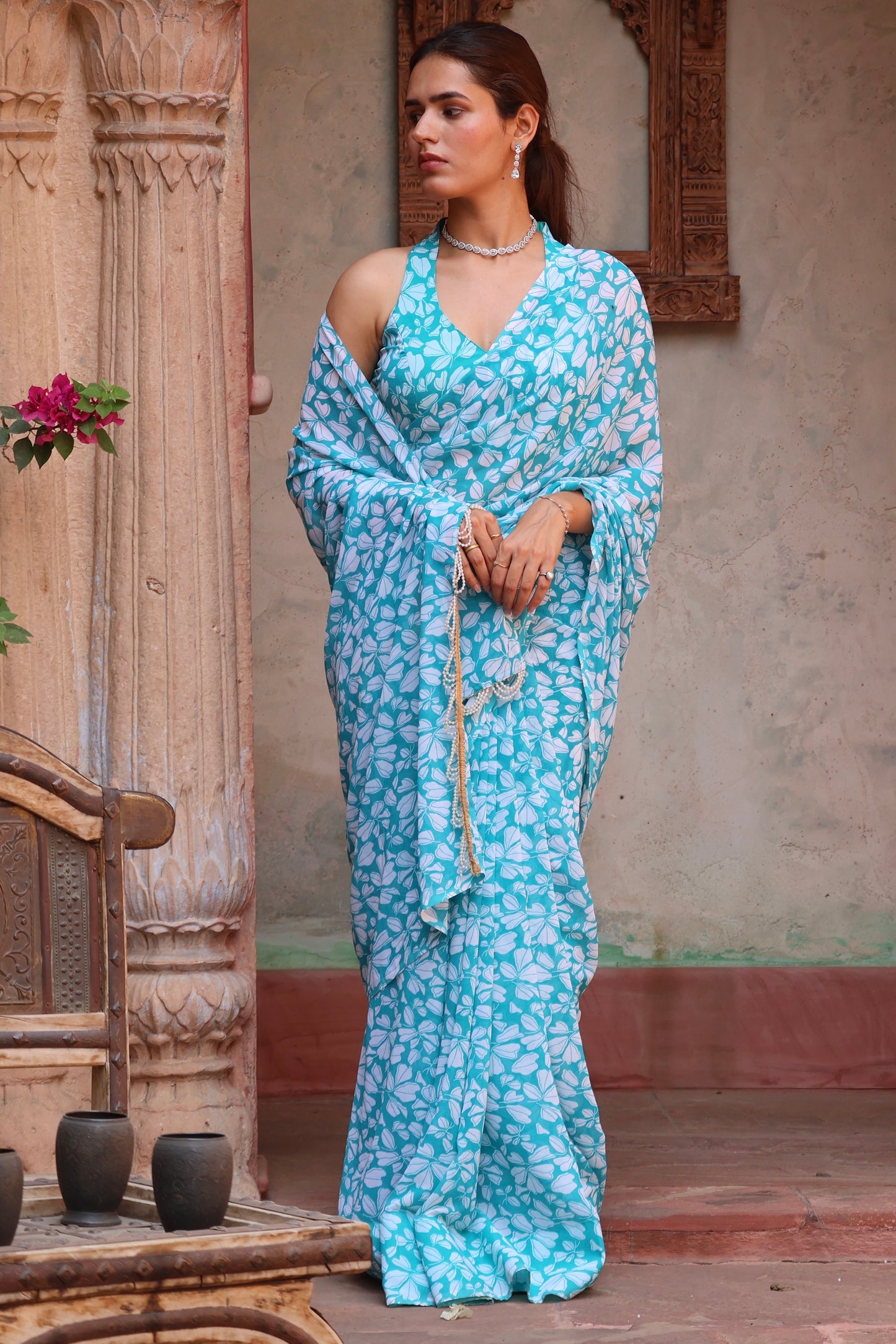 Sea Green Georgette Printed Saree