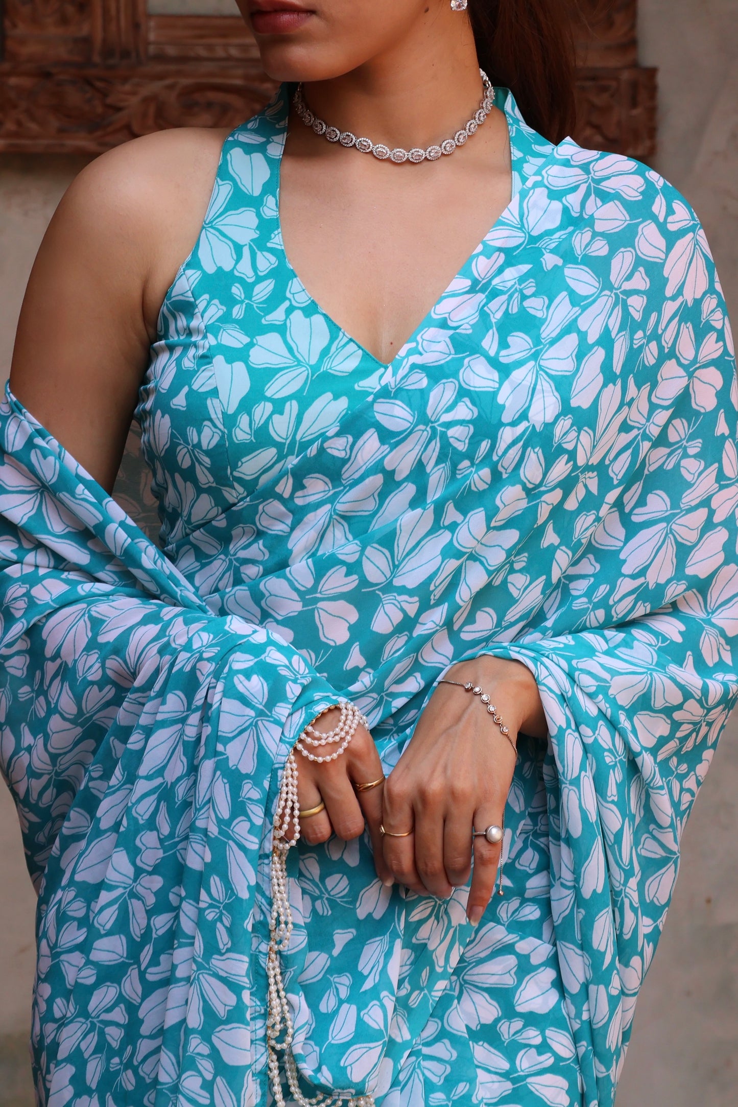 Sea Green Georgette Printed Saree