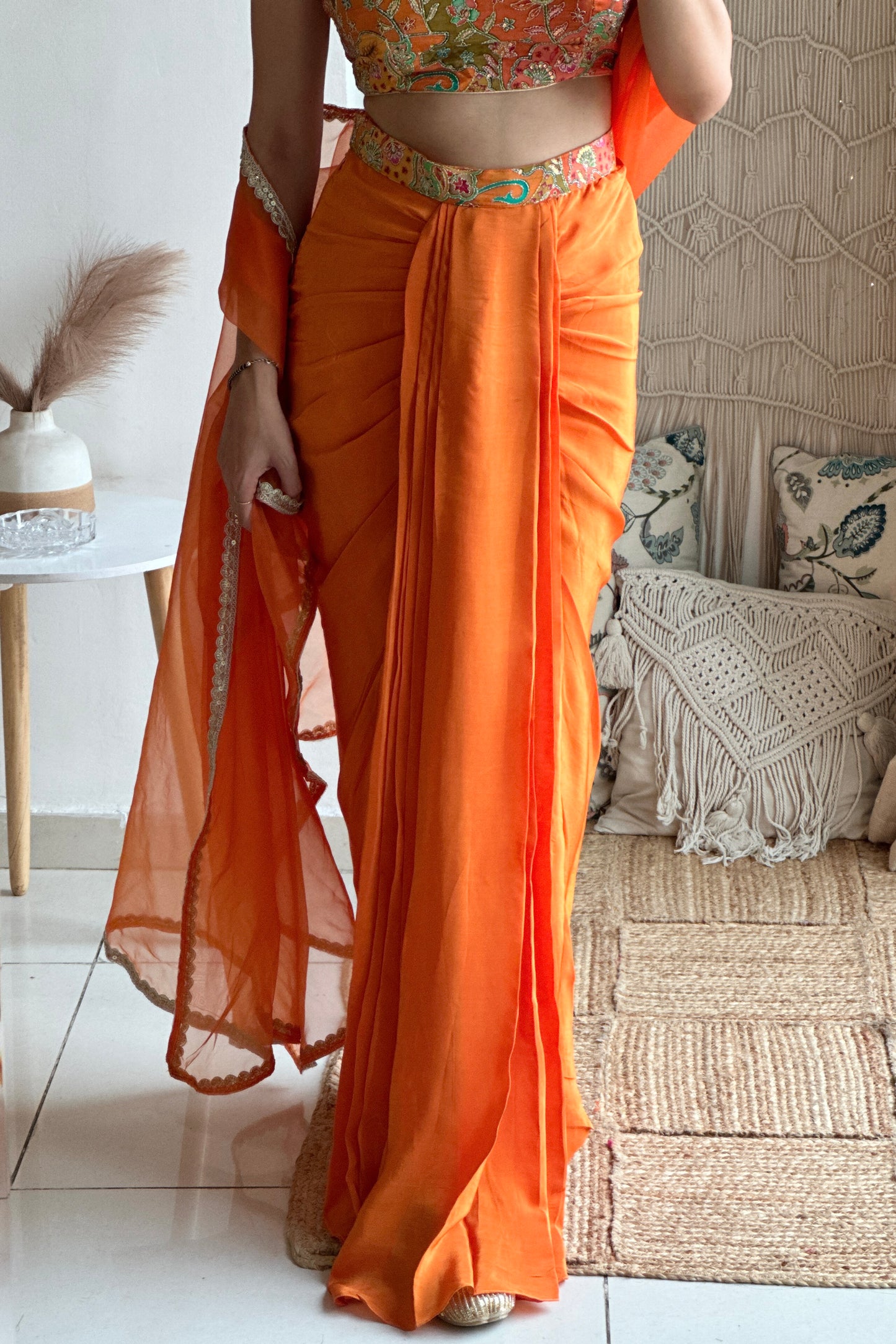 Orange Embroidered Draped Skirt Set