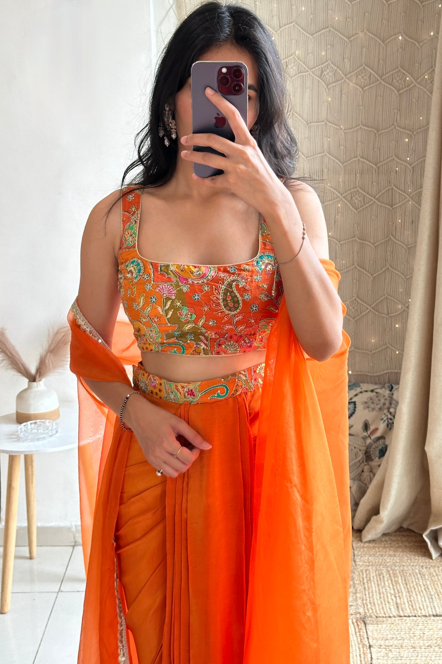 Orange Embroidered Draped Skirt Set