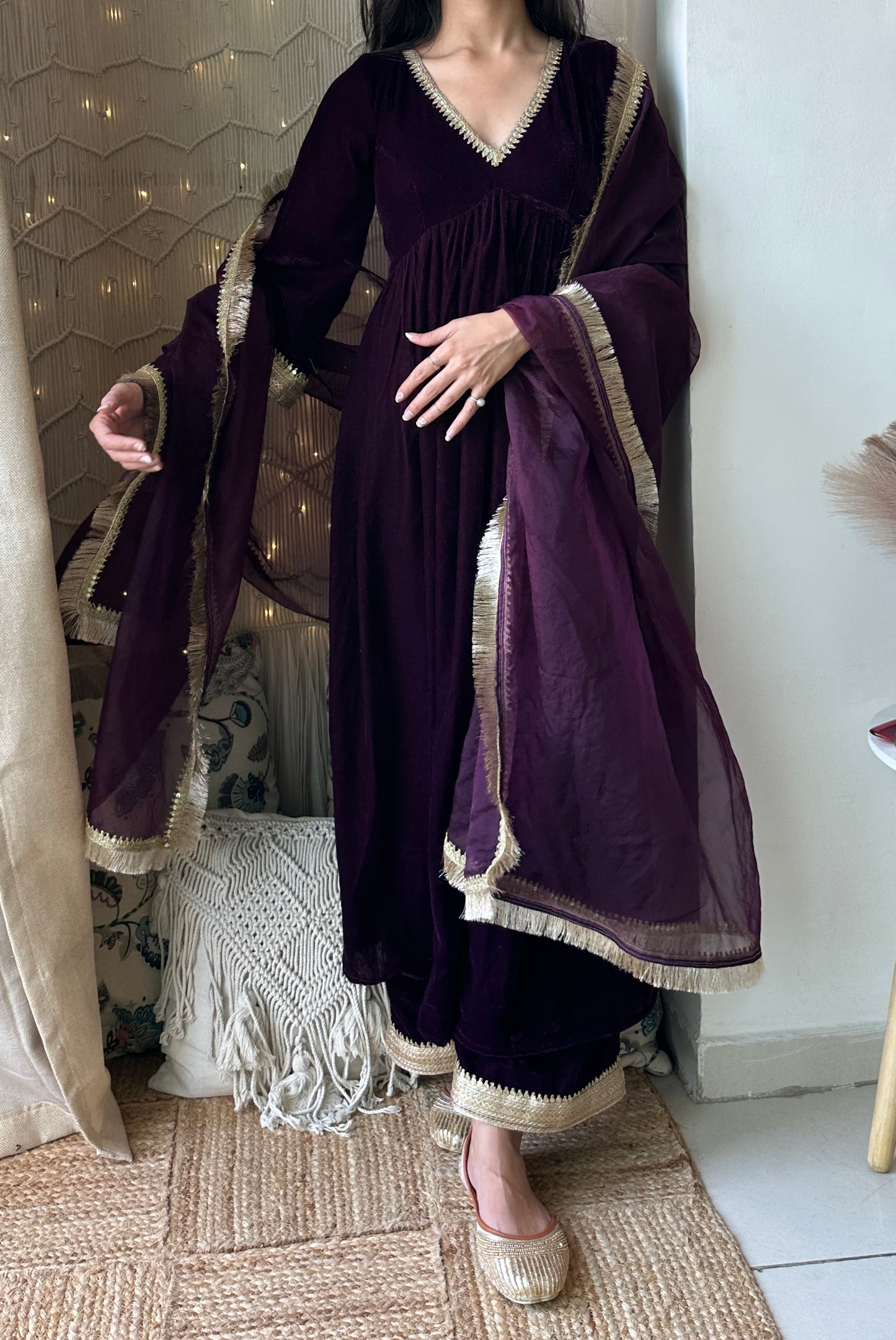 Wine Velvet Anarkali Set
