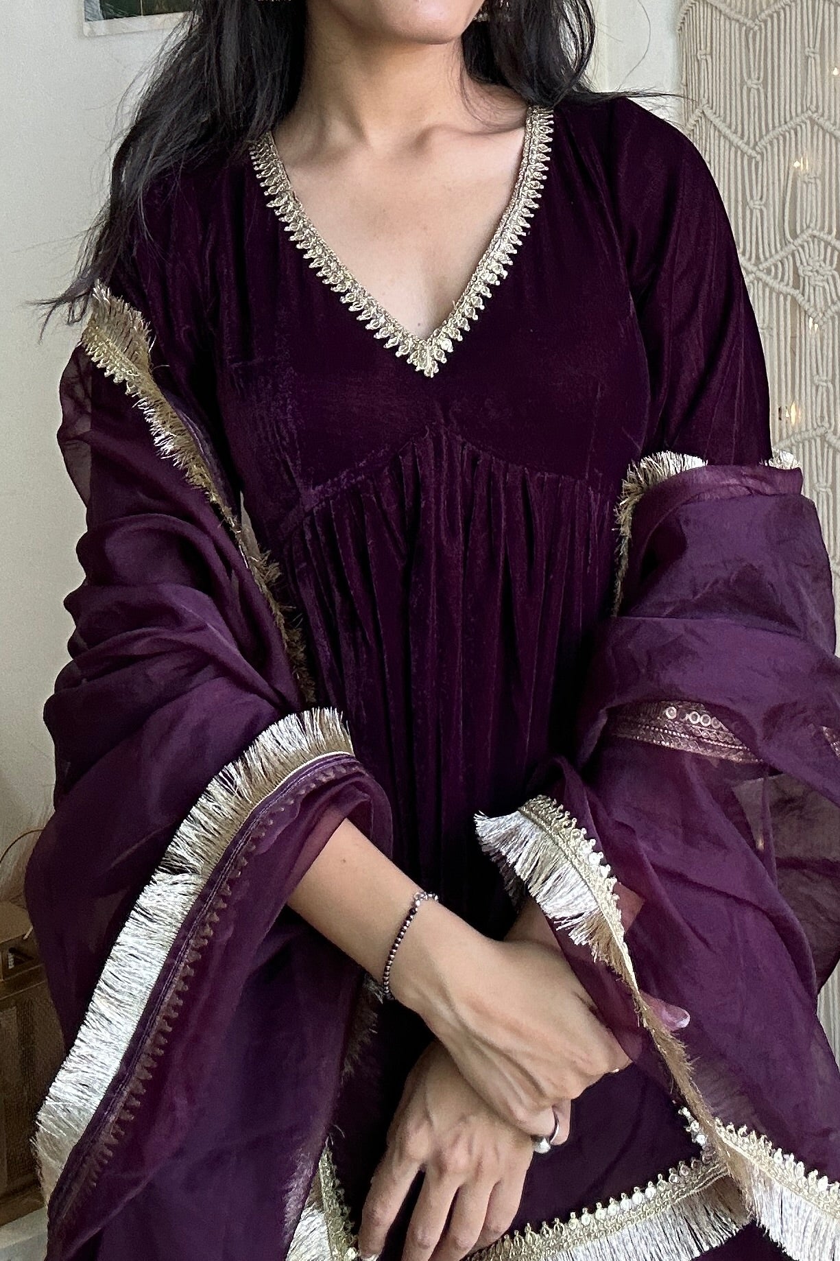 Wine Velvet Anarkali Set