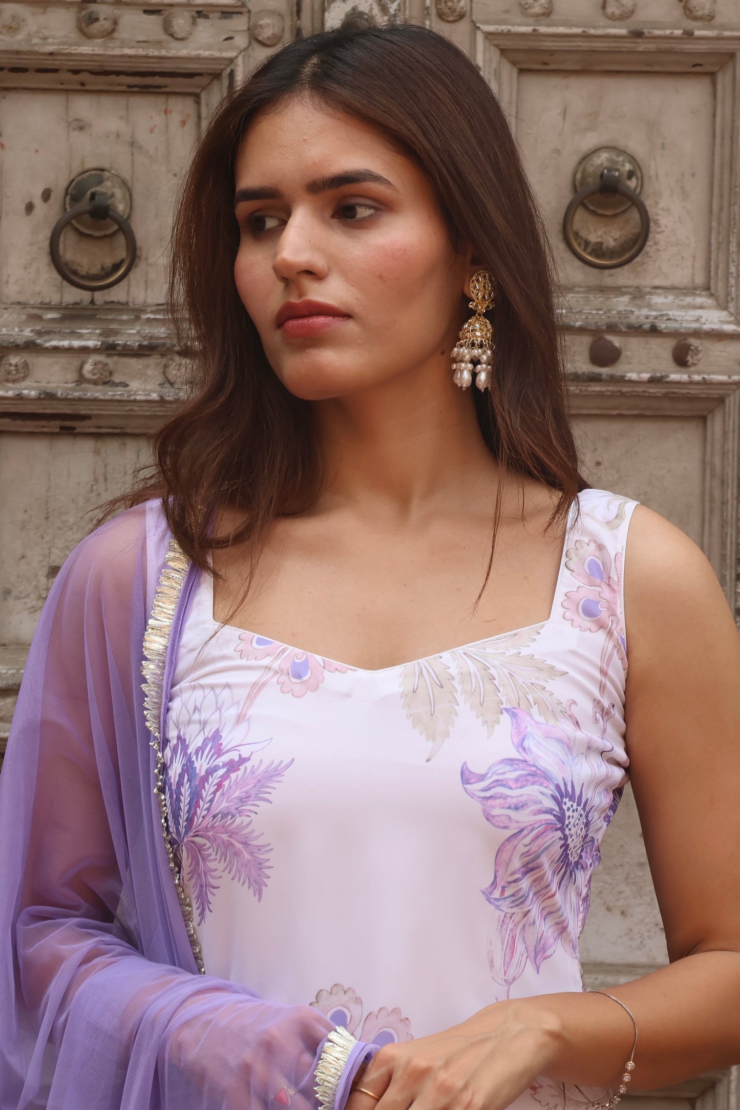 White Floral Printed Georgette Sharara Set