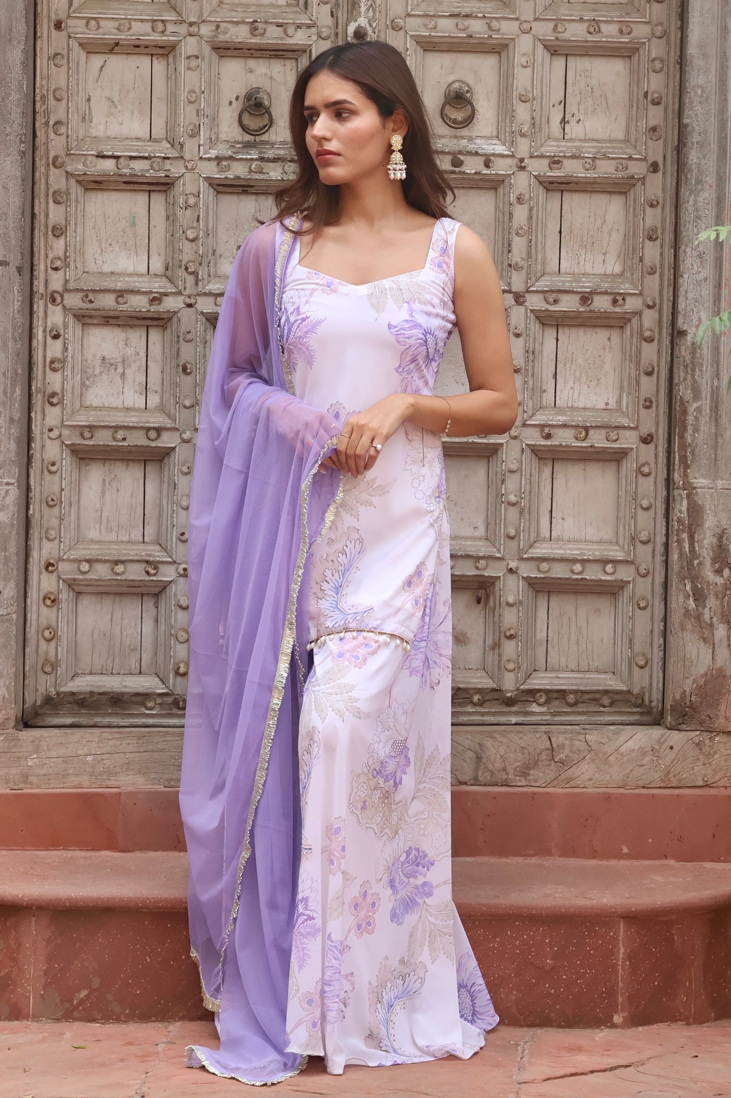 White Floral Printed Georgette Sharara Set