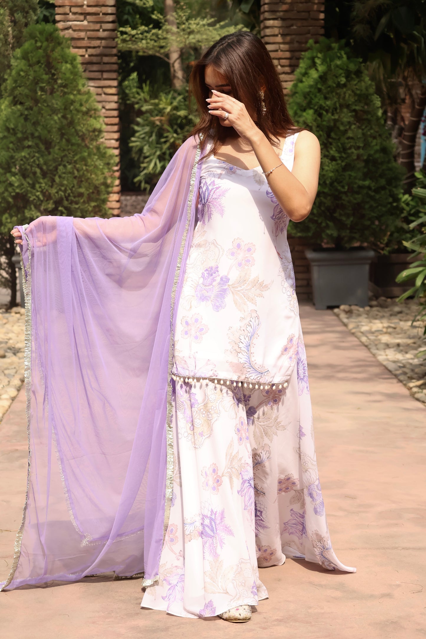 White Floral Printed Georgette Sharara Set