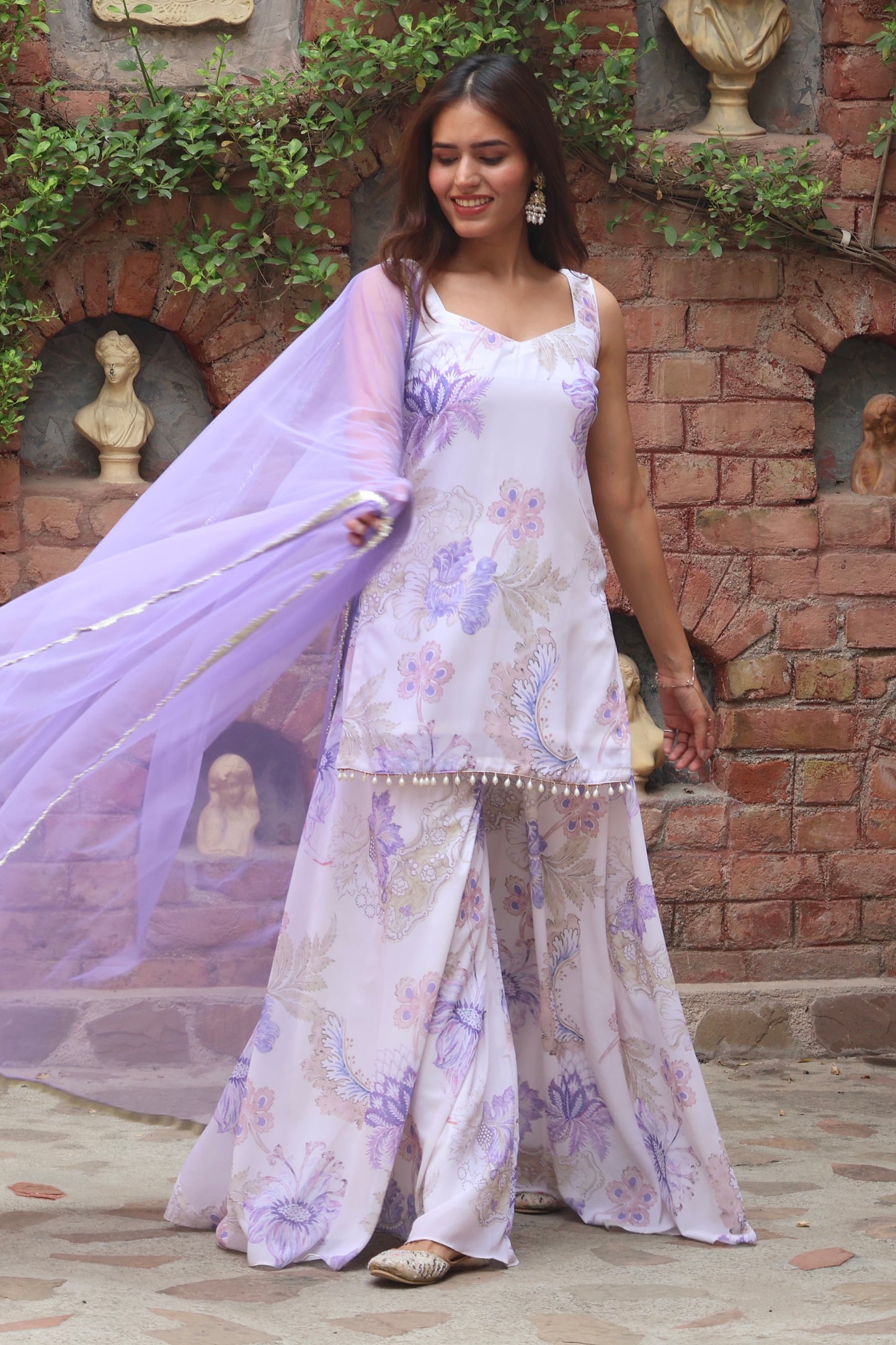 White Floral Printed Georgette Sharara Set