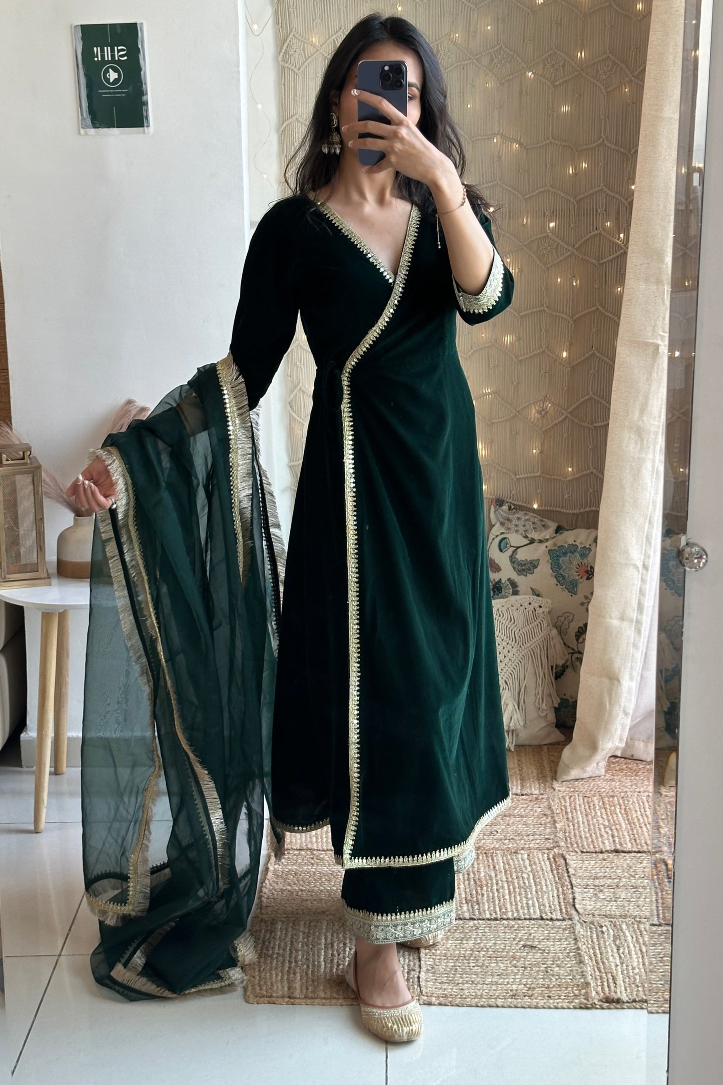 Bottle Green Velvet Angrakha Set