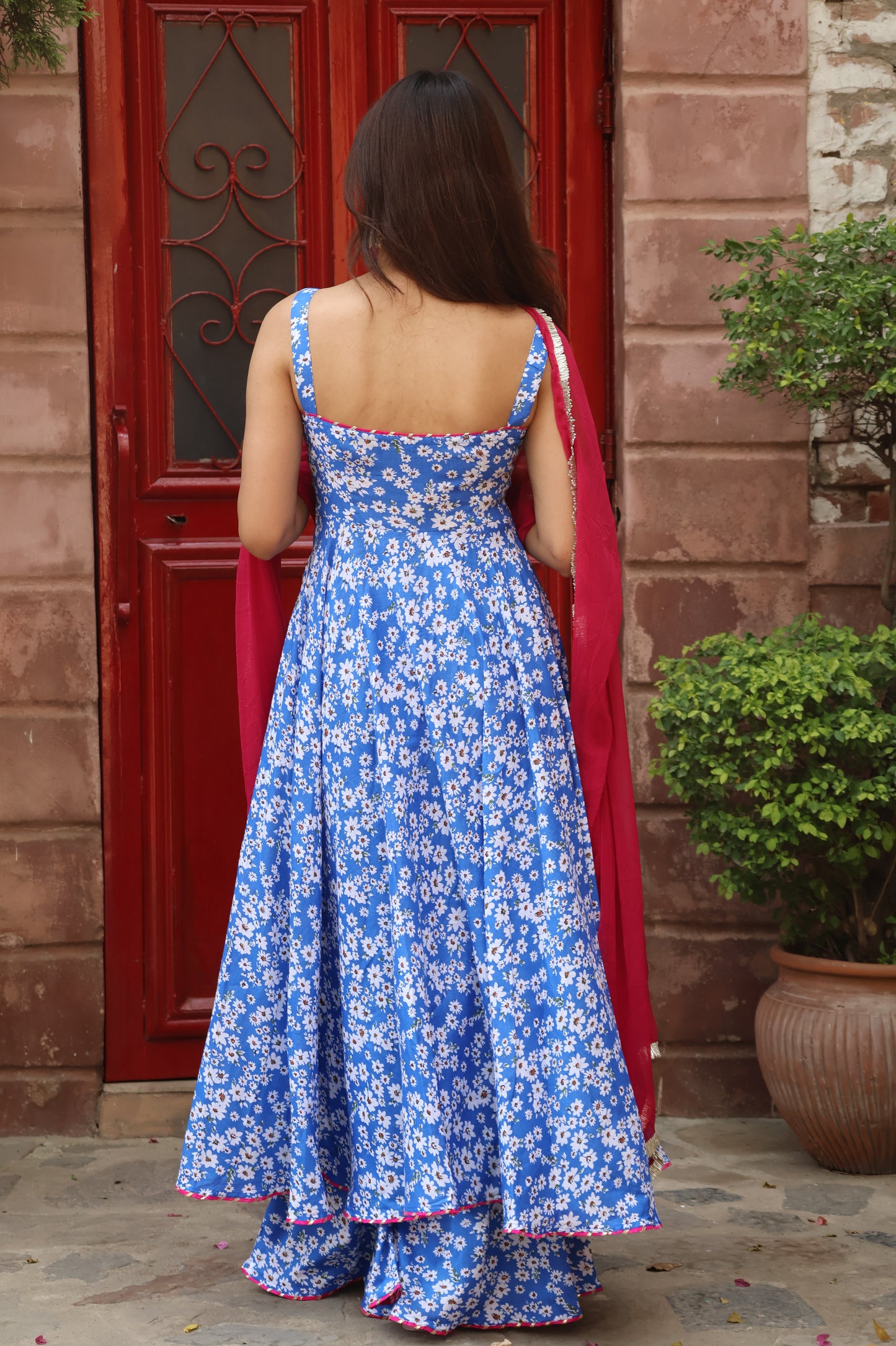 Royal Blue Cotton Printed Anarkali Set