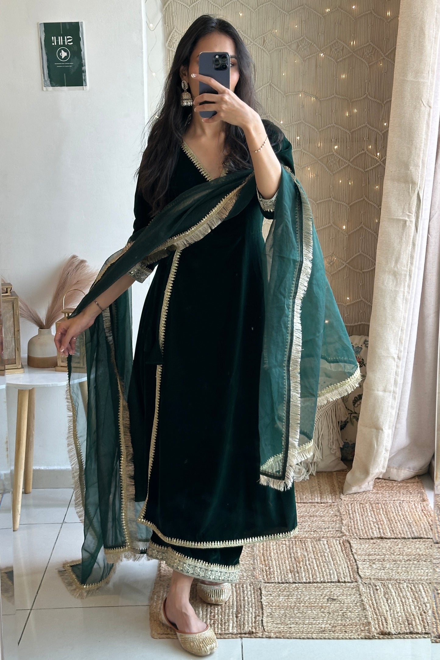 Bottle Green Velvet Angrakha Set
