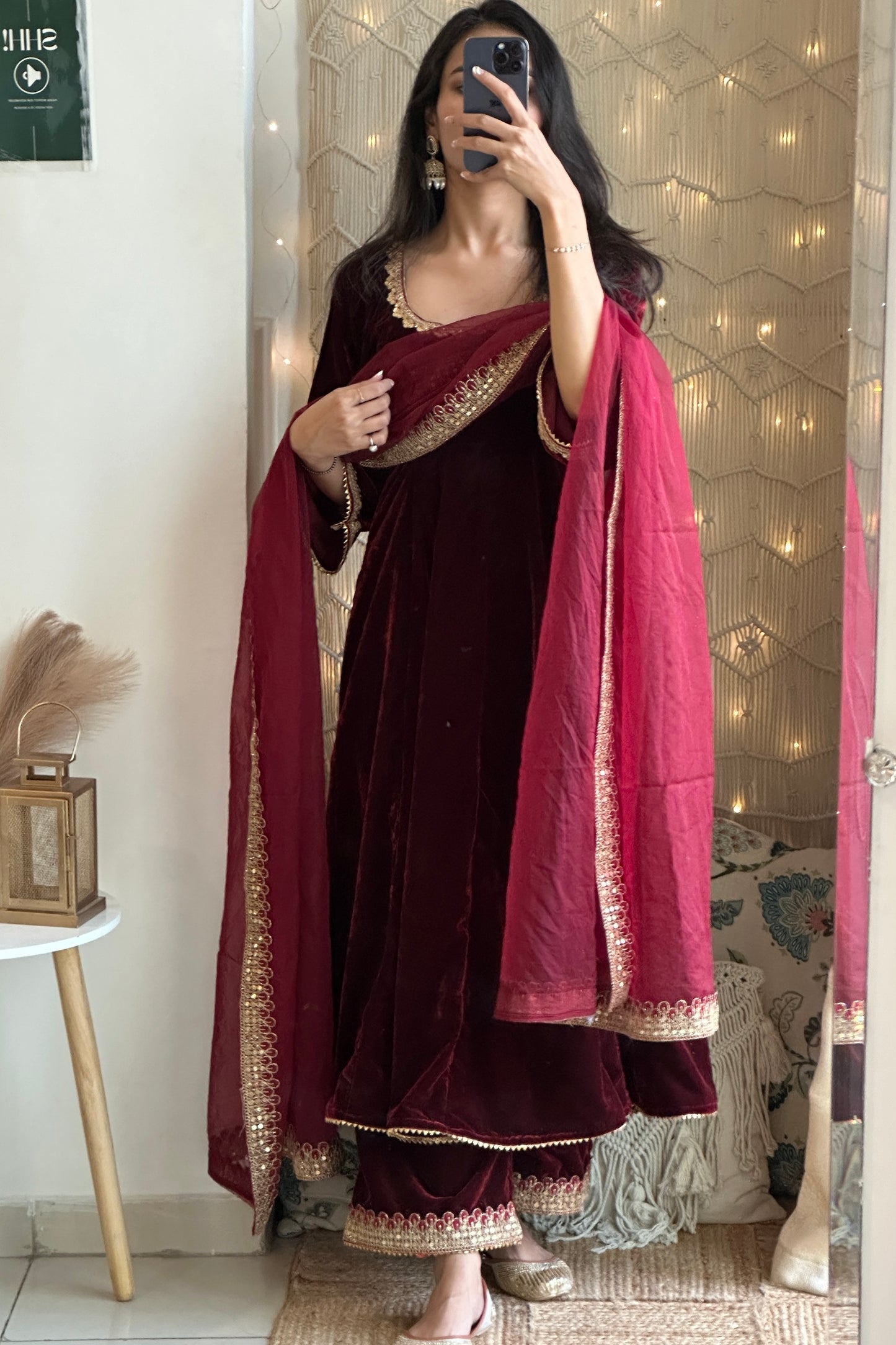 Maroon Velvet Anarkali Set