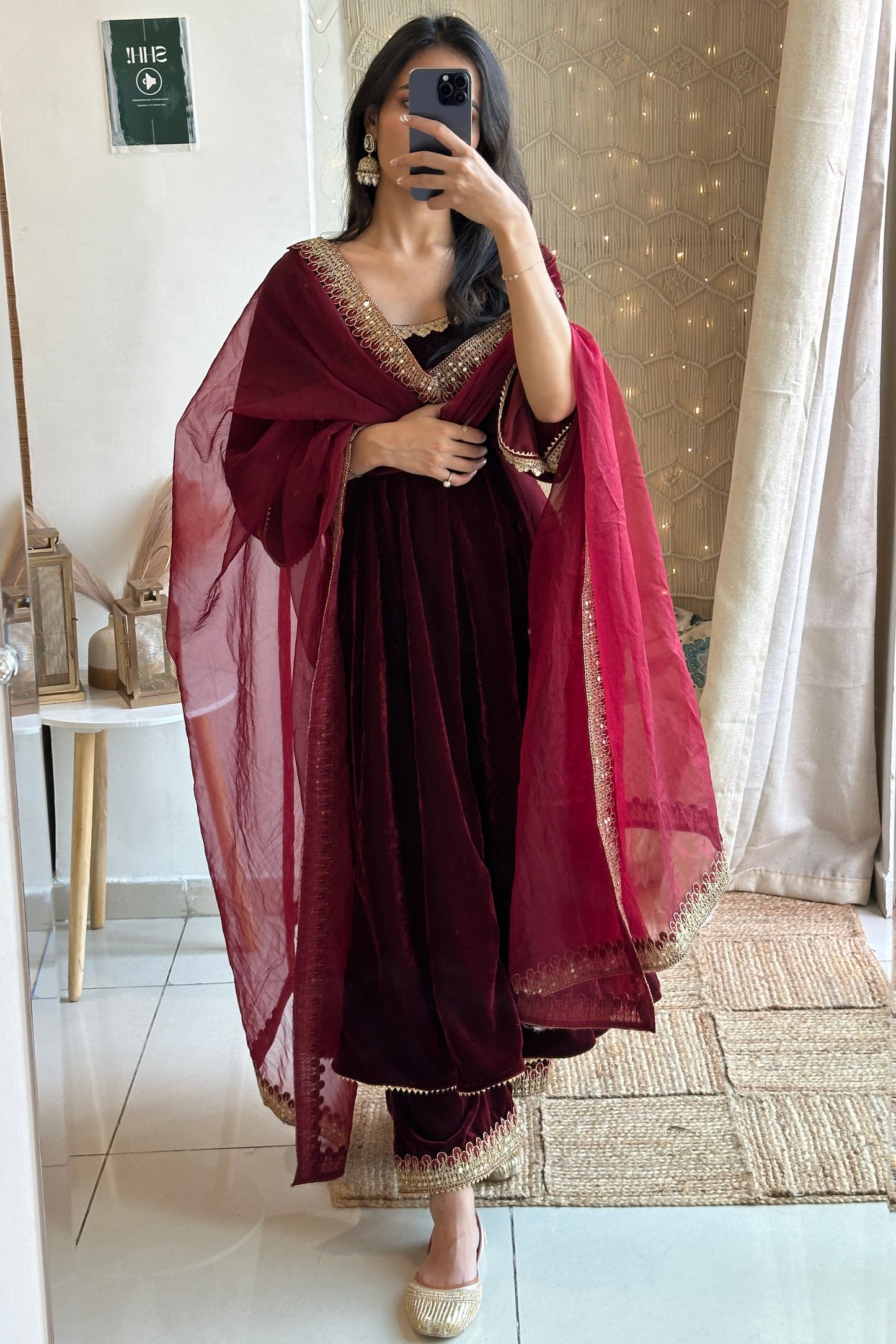 Maroon Velvet Anarkali Set