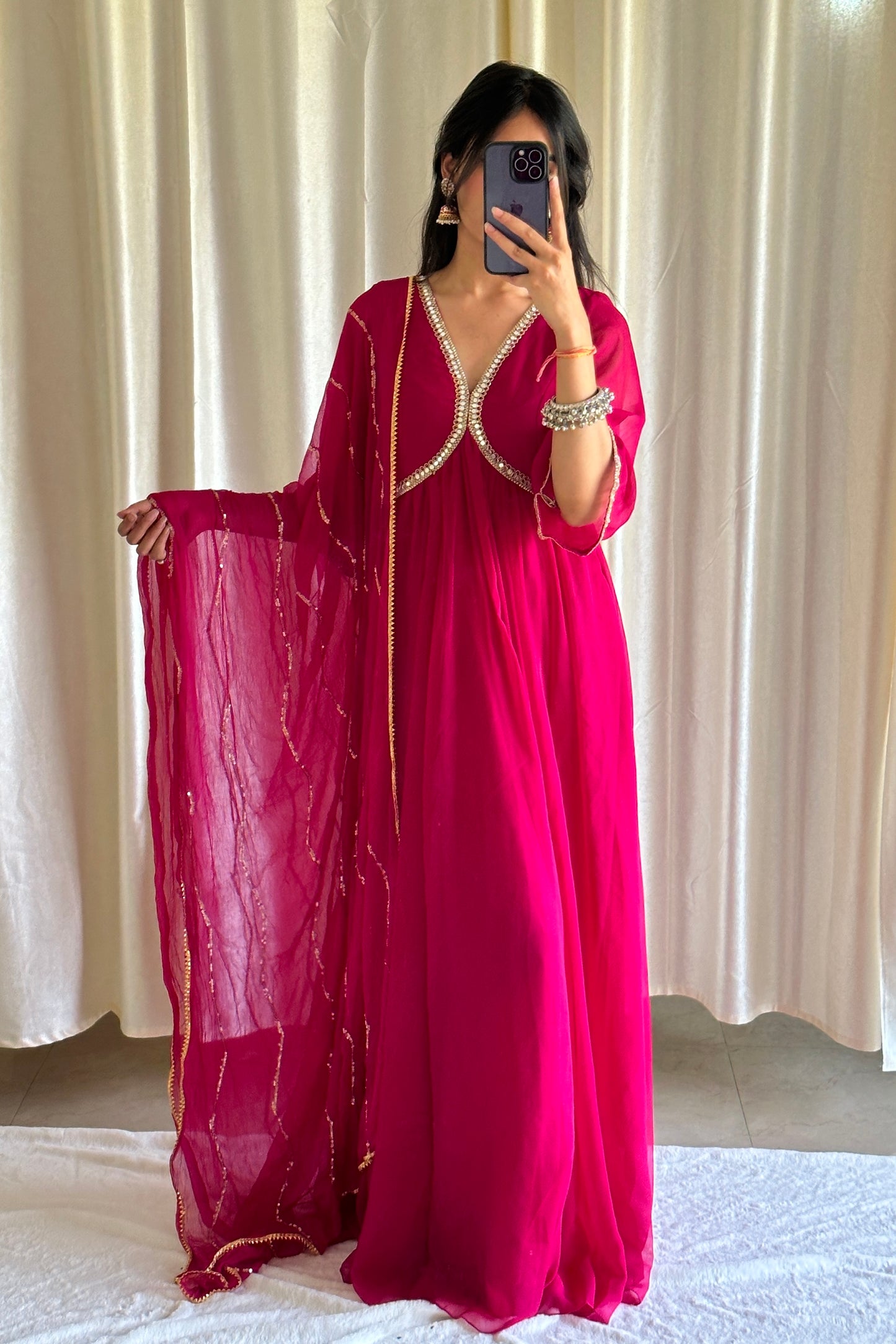 Pink Georgette Anarkali With Chiffon Dupatta - Set of 2