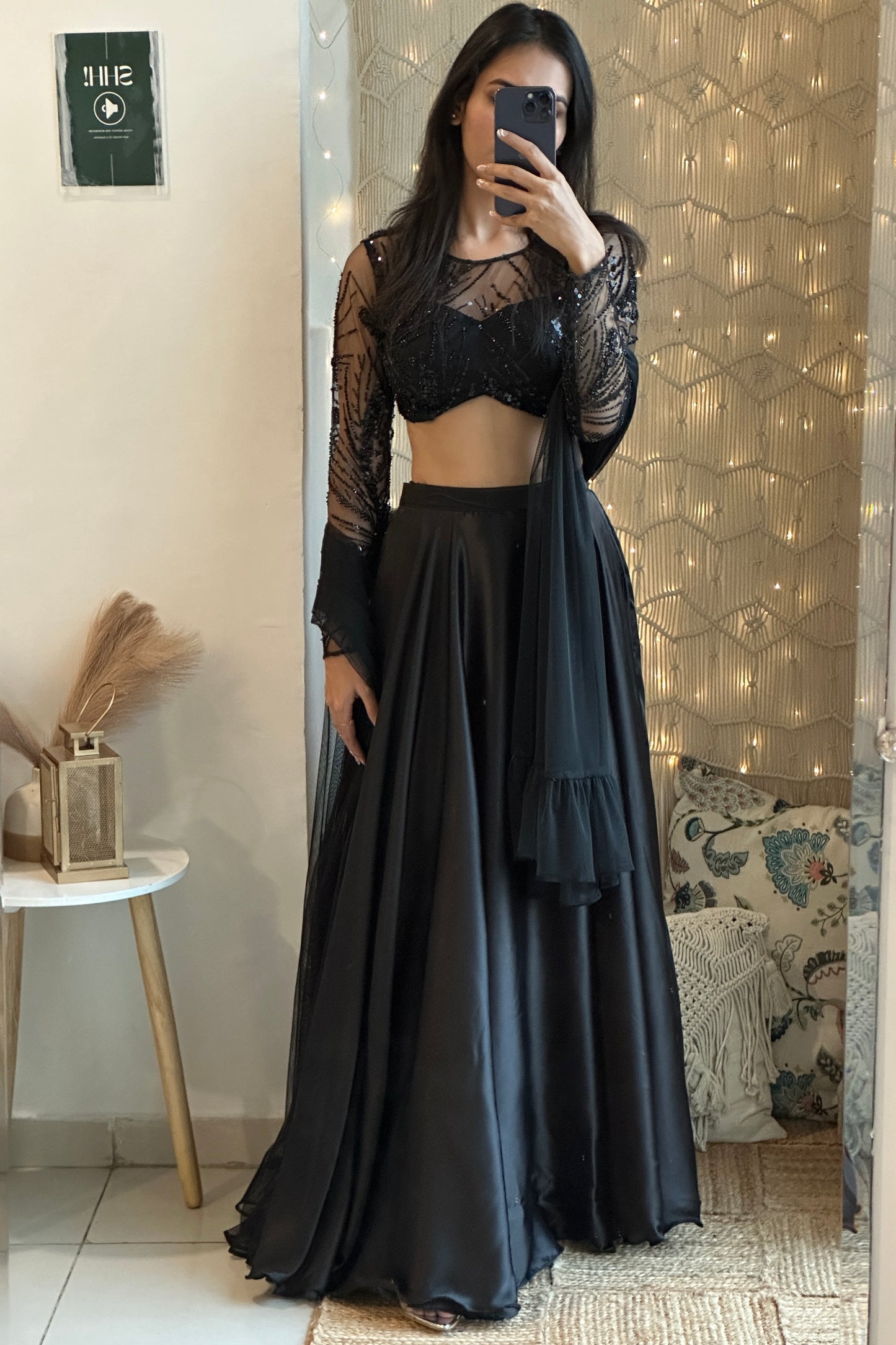 Black Embroidered Satin Lehenga Set