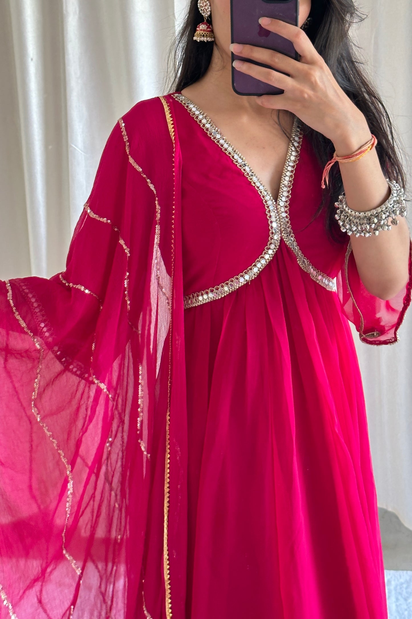 Pink Georgette Anarkali With Chiffon Dupatta - Set of 2