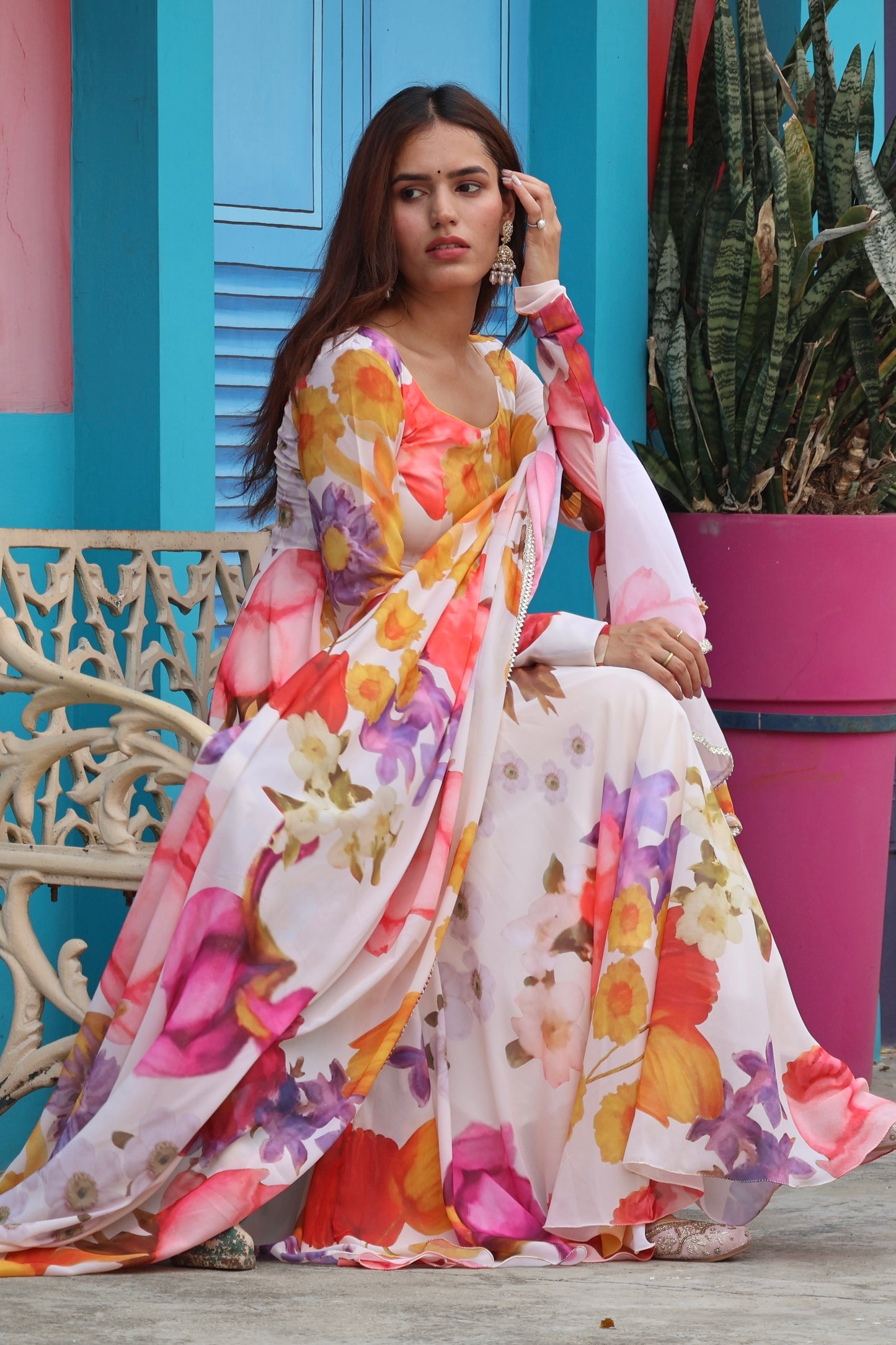 Creme Floral Printed Georgette Anarkali Set